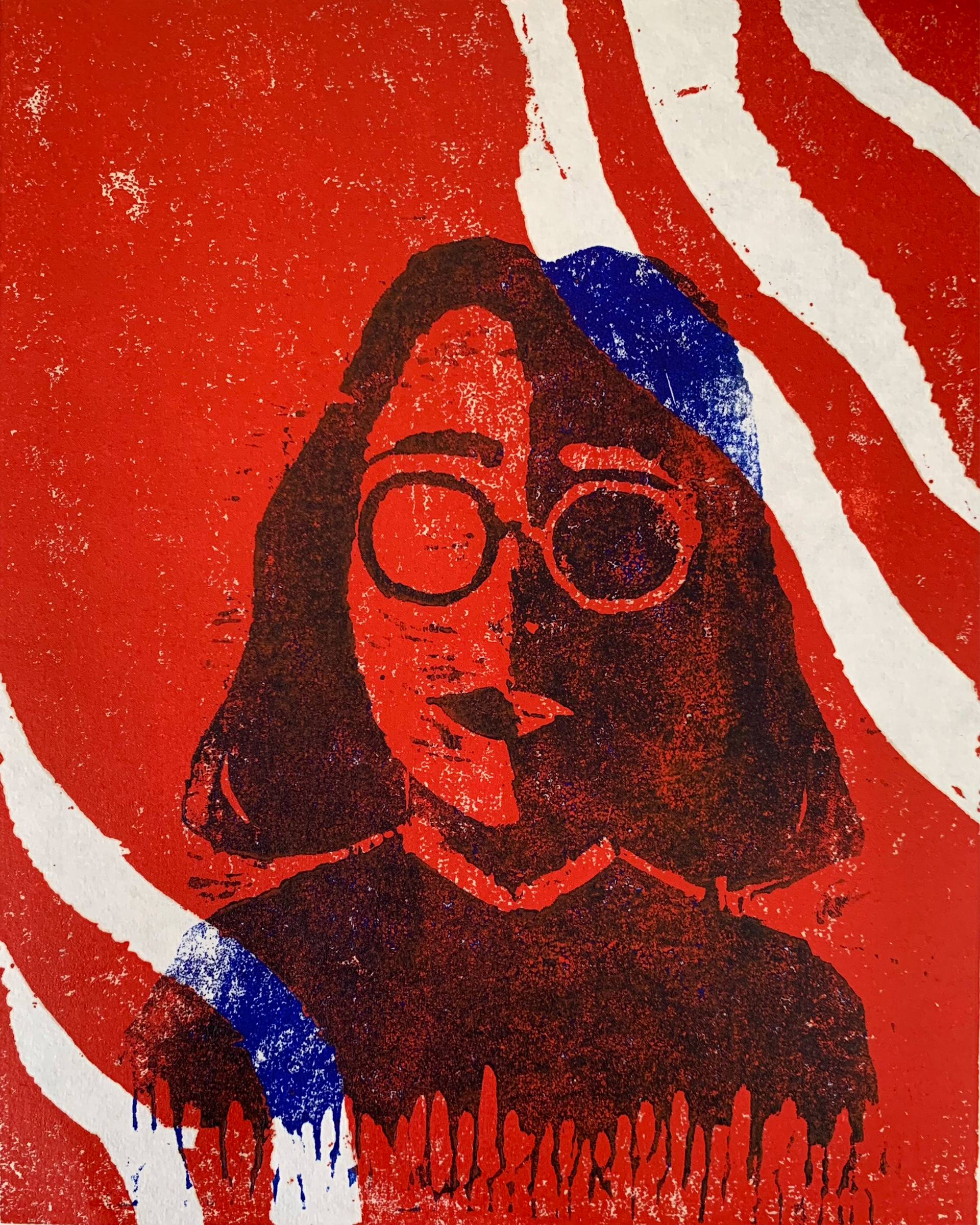Two-block woodcut on paper, 9" x 12"