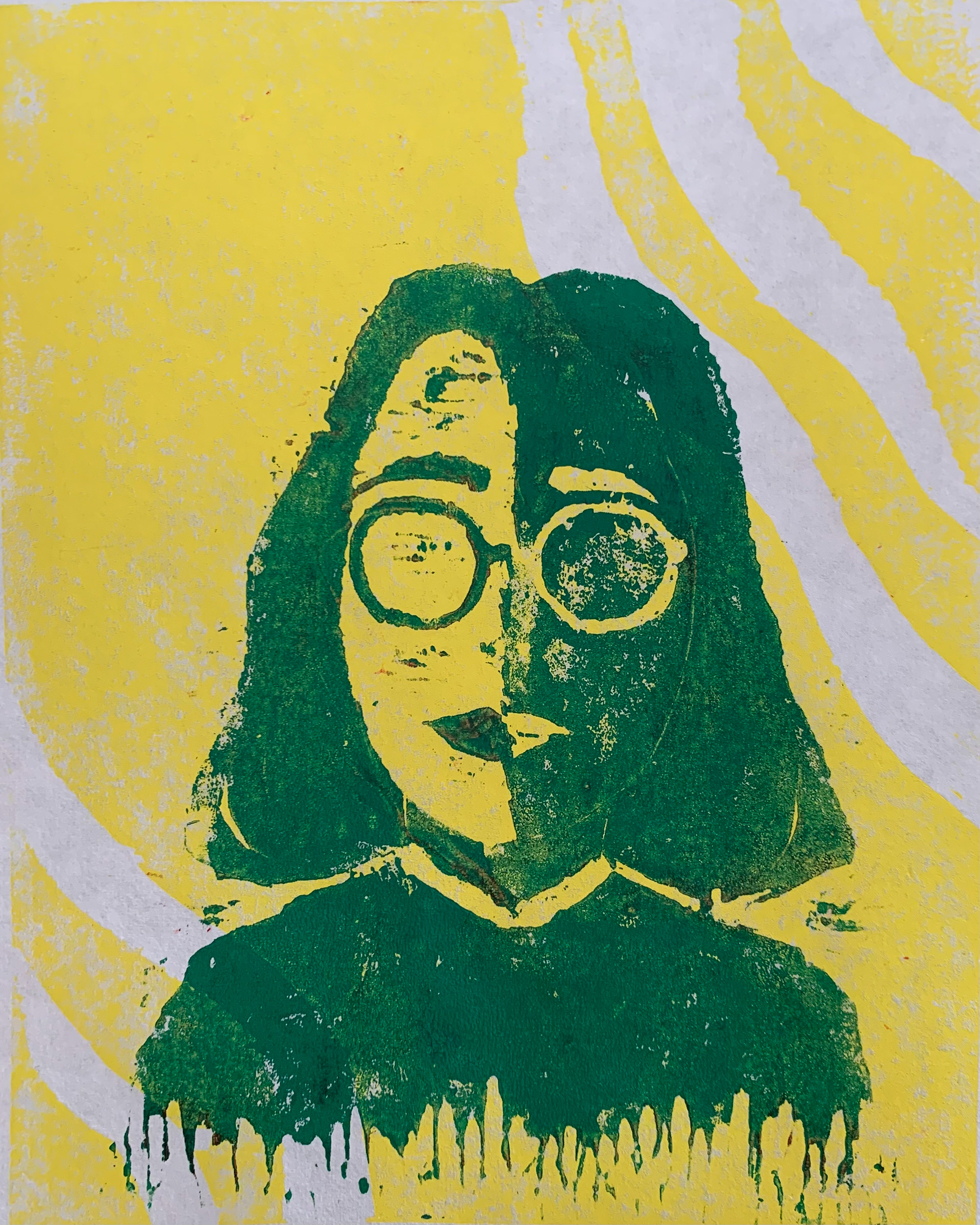 Two-block woodcut on paper, 9" x 12"