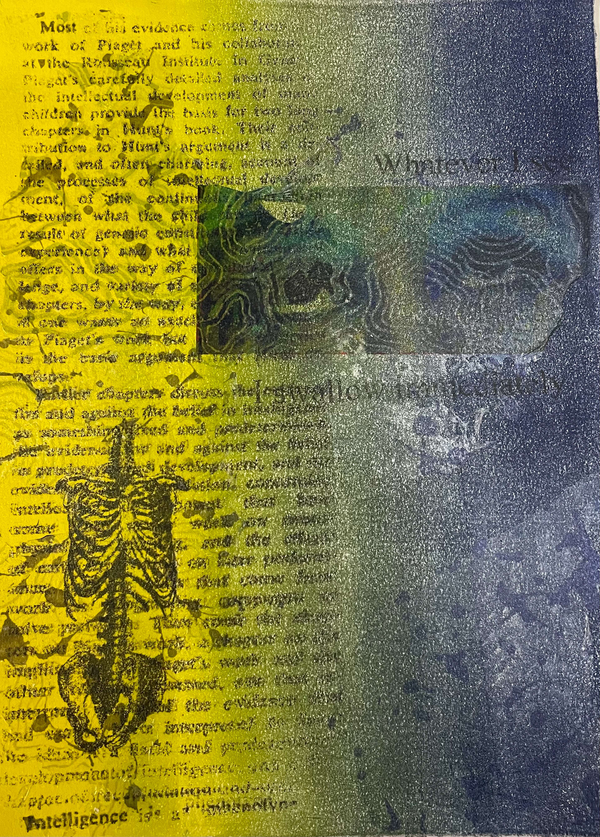 Mixed media collage (linocut, monotype, image transfer) on paper, 9" x 12"