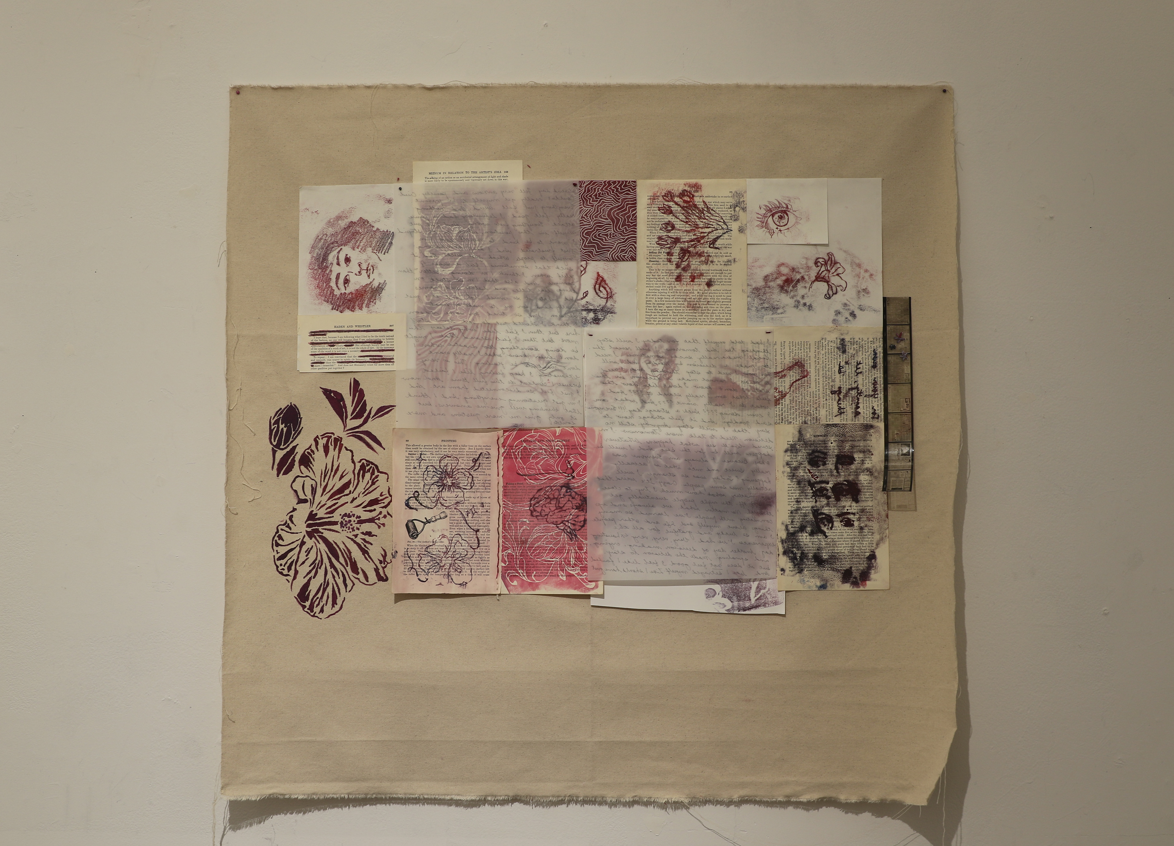 Mixed media collage on fabric (linocut, monotype, text), 54" x 61", 2025