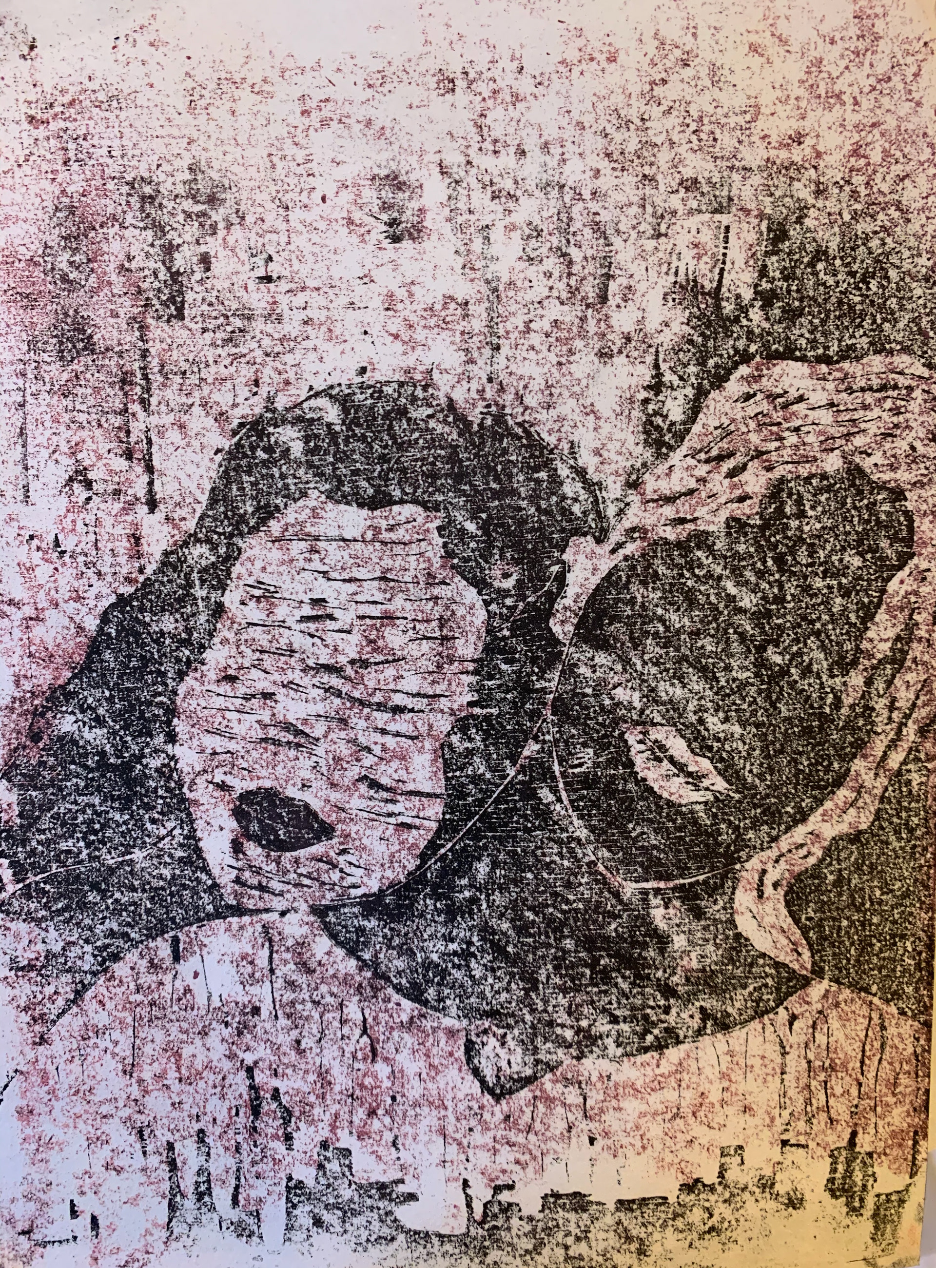 Two-block woodcut on paper, 9" x 12"