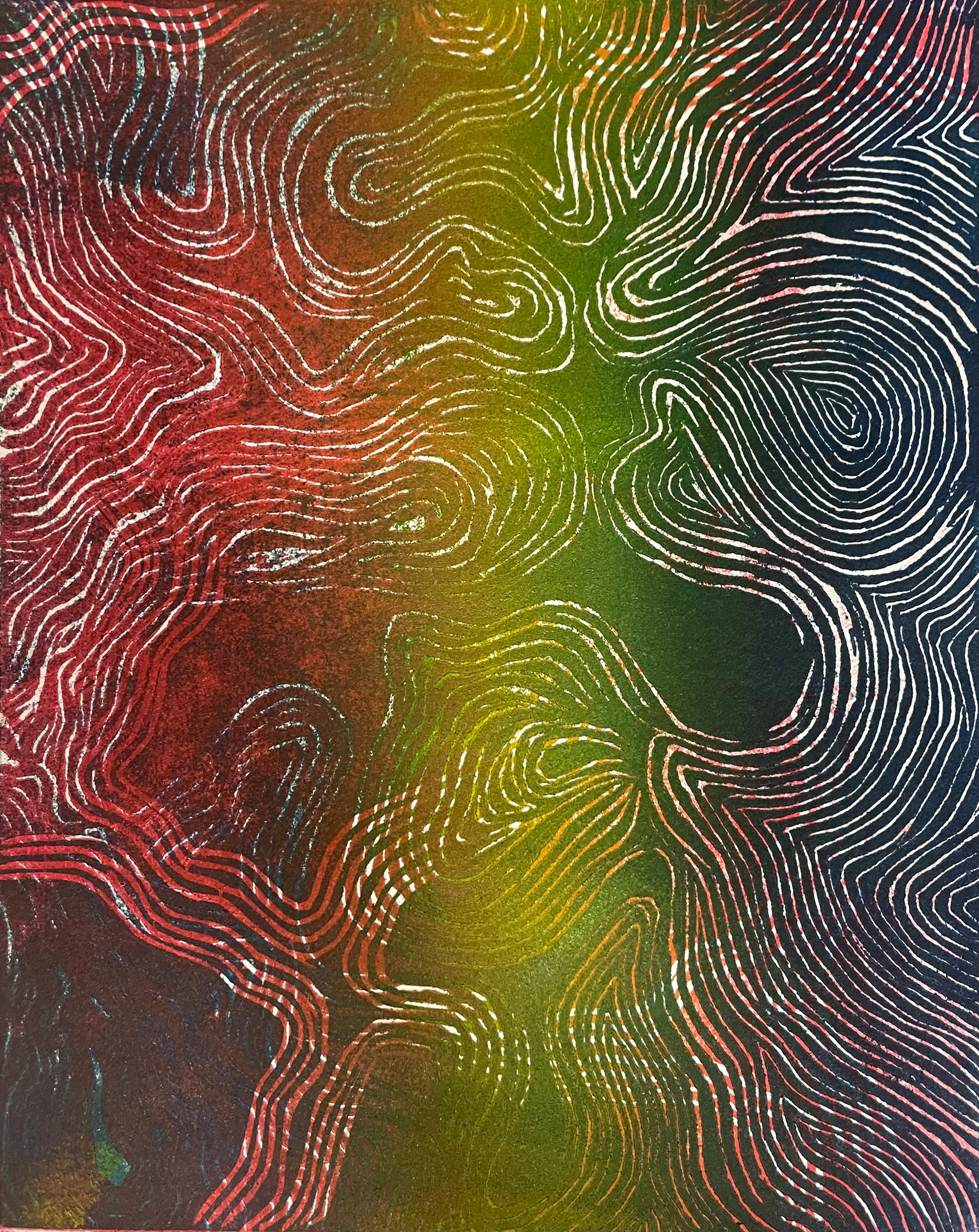 Two-block linocut on paper, 9" x 12"
