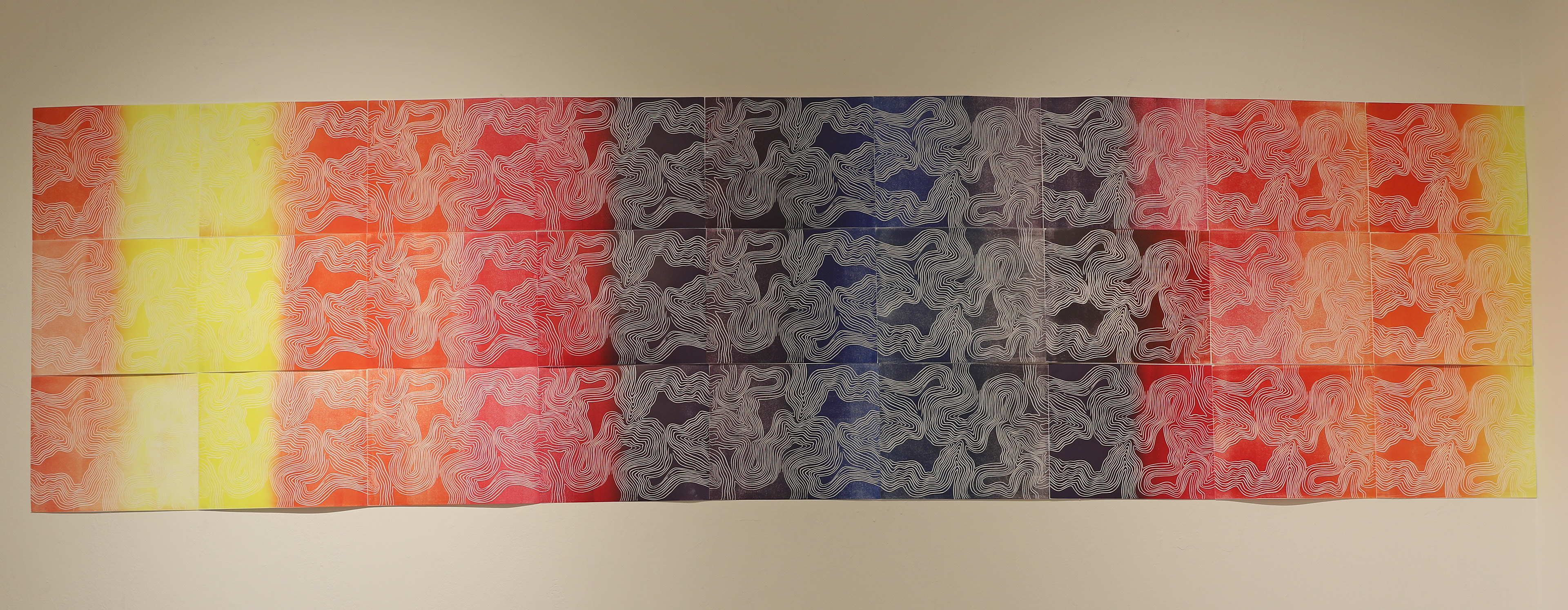 Linocut on paper, 27" x 108", 2025