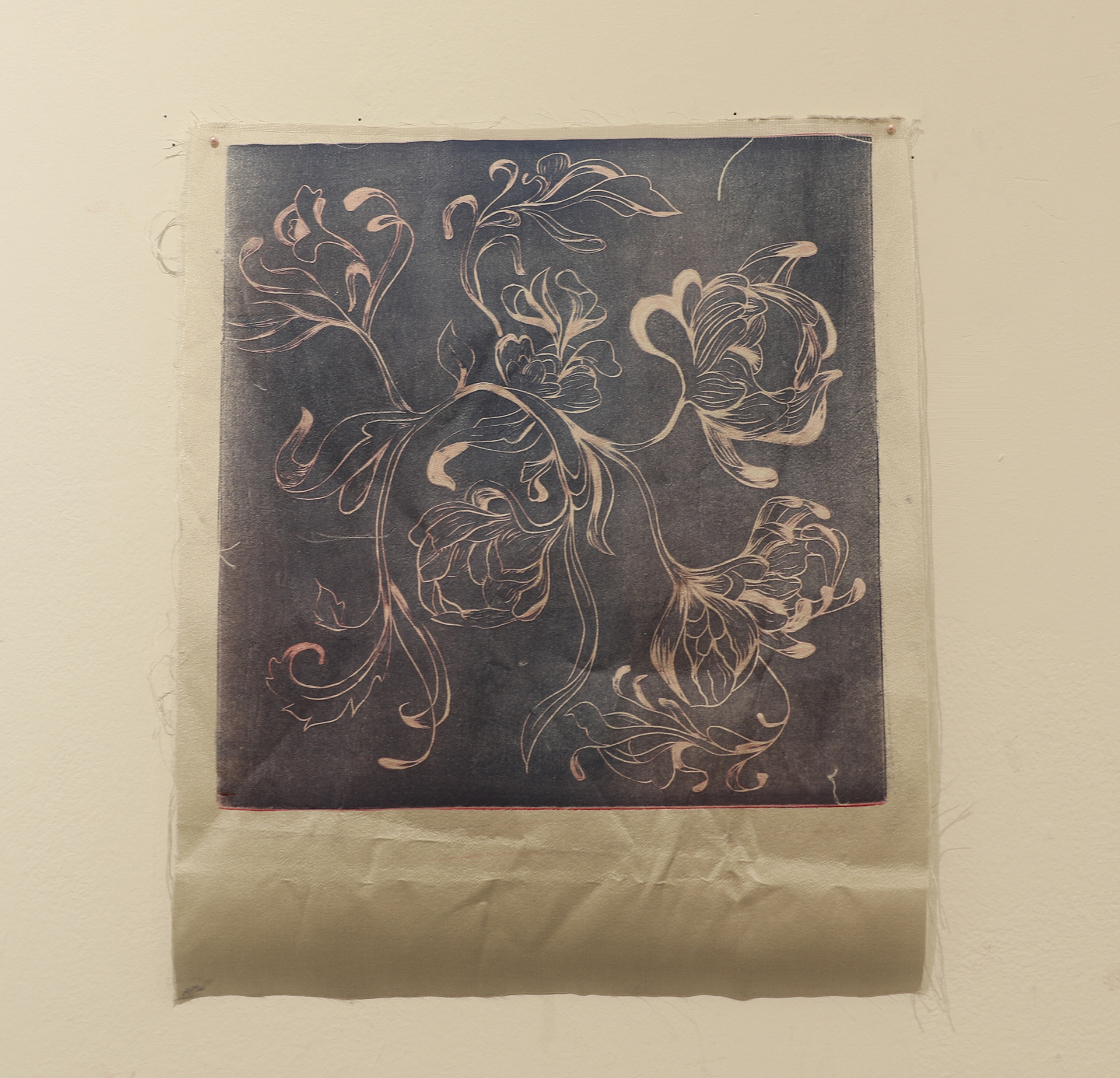 Linocut on fabric, 16" x 16", 2025