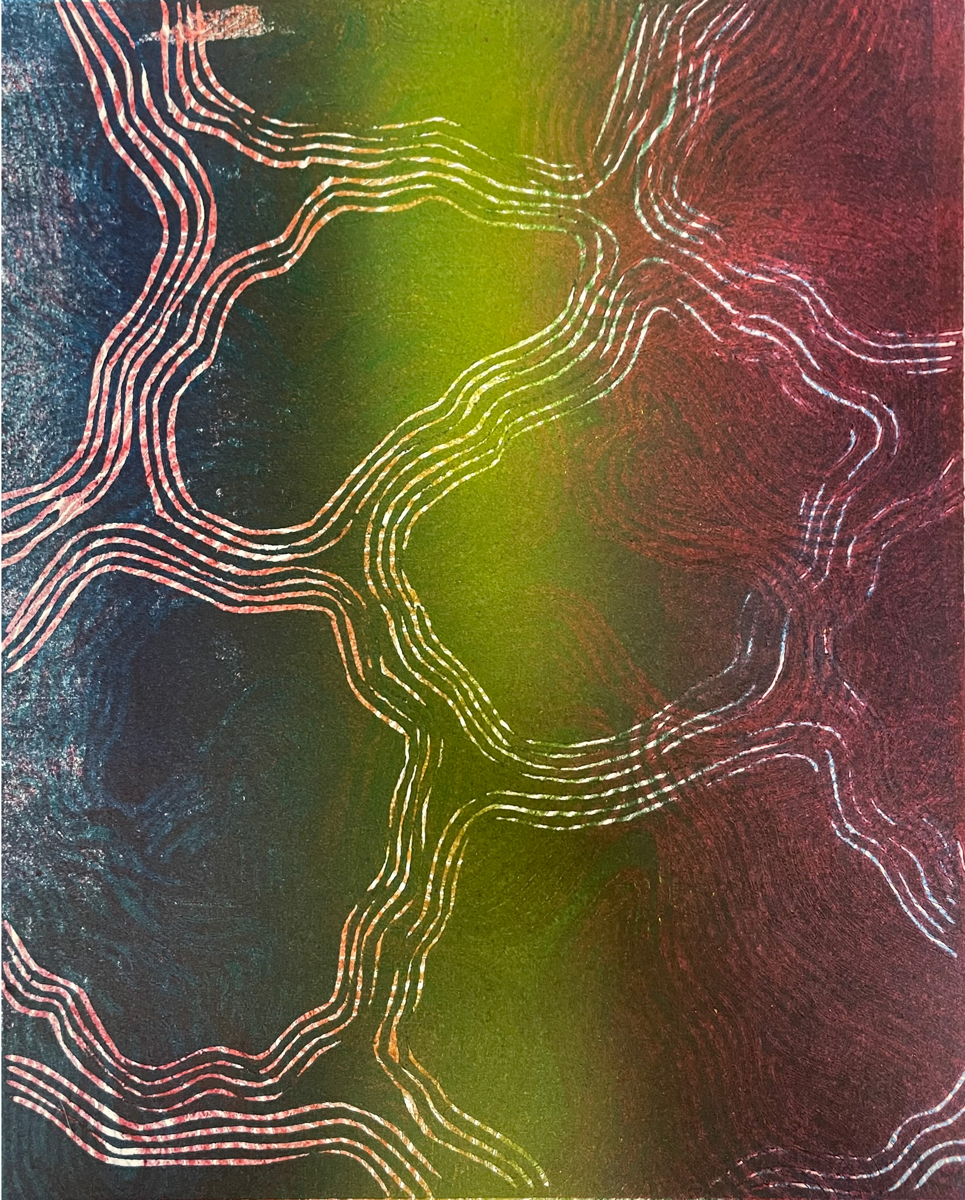 Two-block woodcut and linocut on paper, 9" x 12"