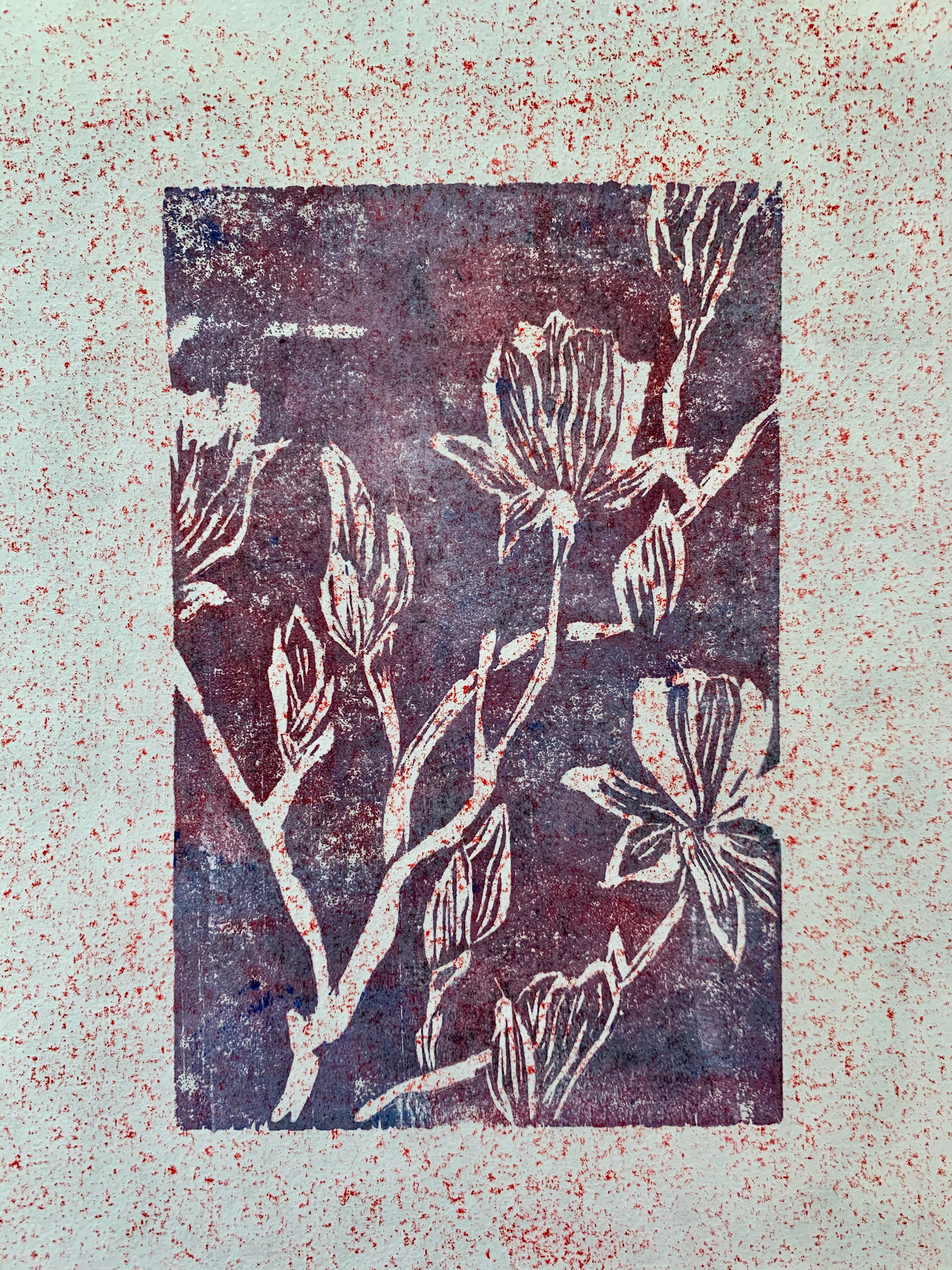 Two-block woodcut on paper, 9" x 12"