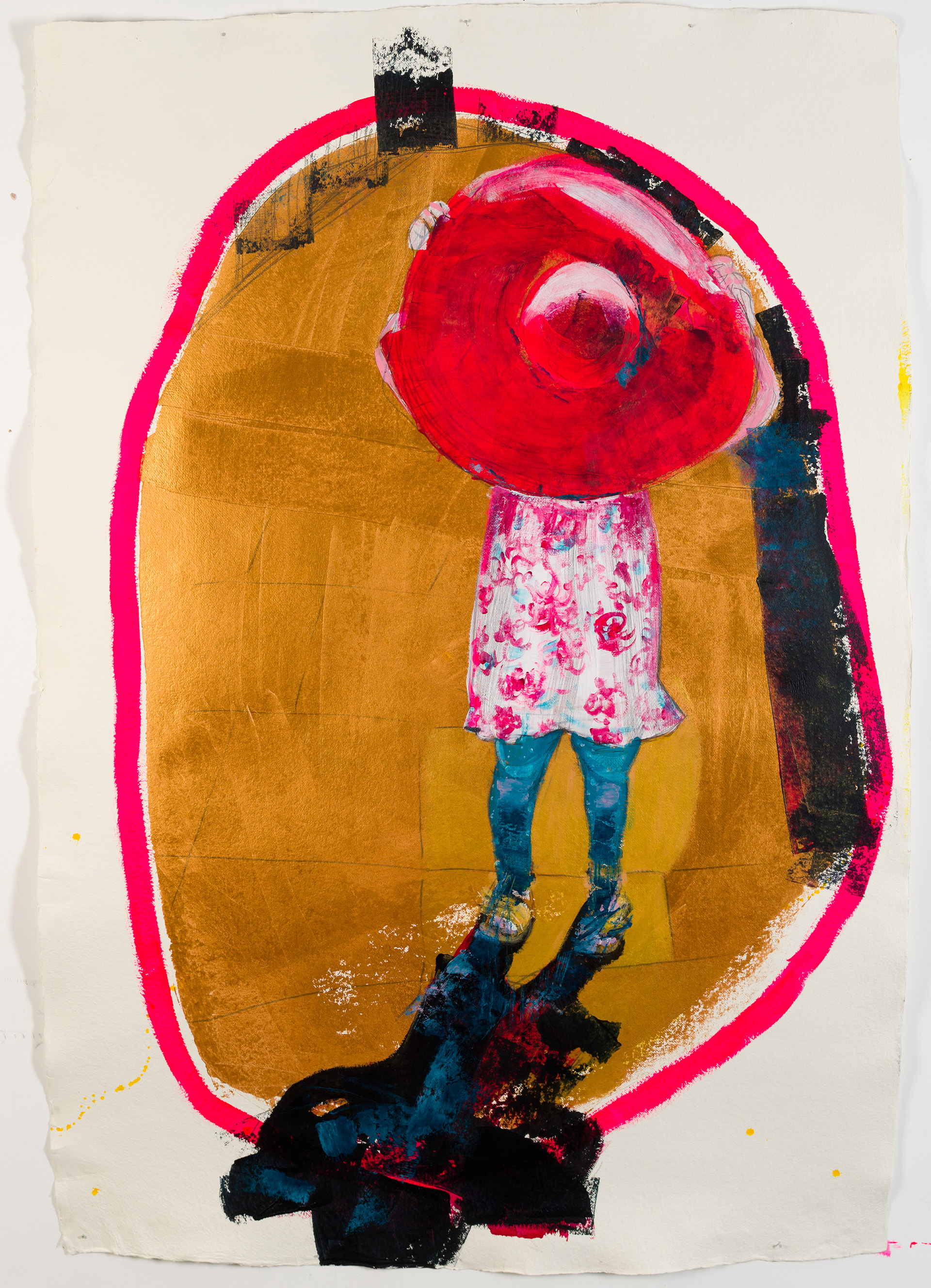 Girl in a pink hat, mixed media on Khadi paper, 160x110cm.