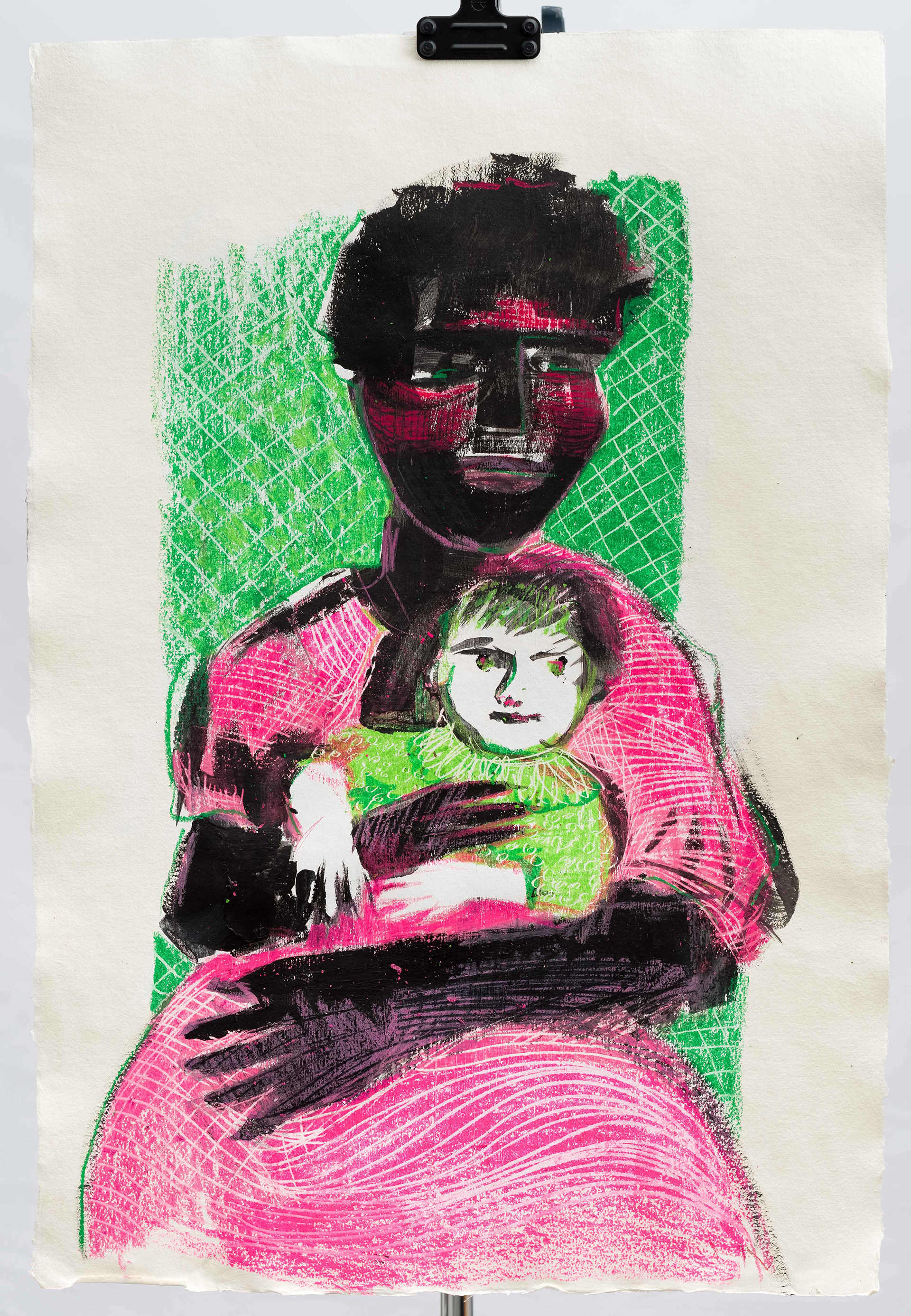 Mother and baby, mixed media on Khadi paper, 100x80 cm.
