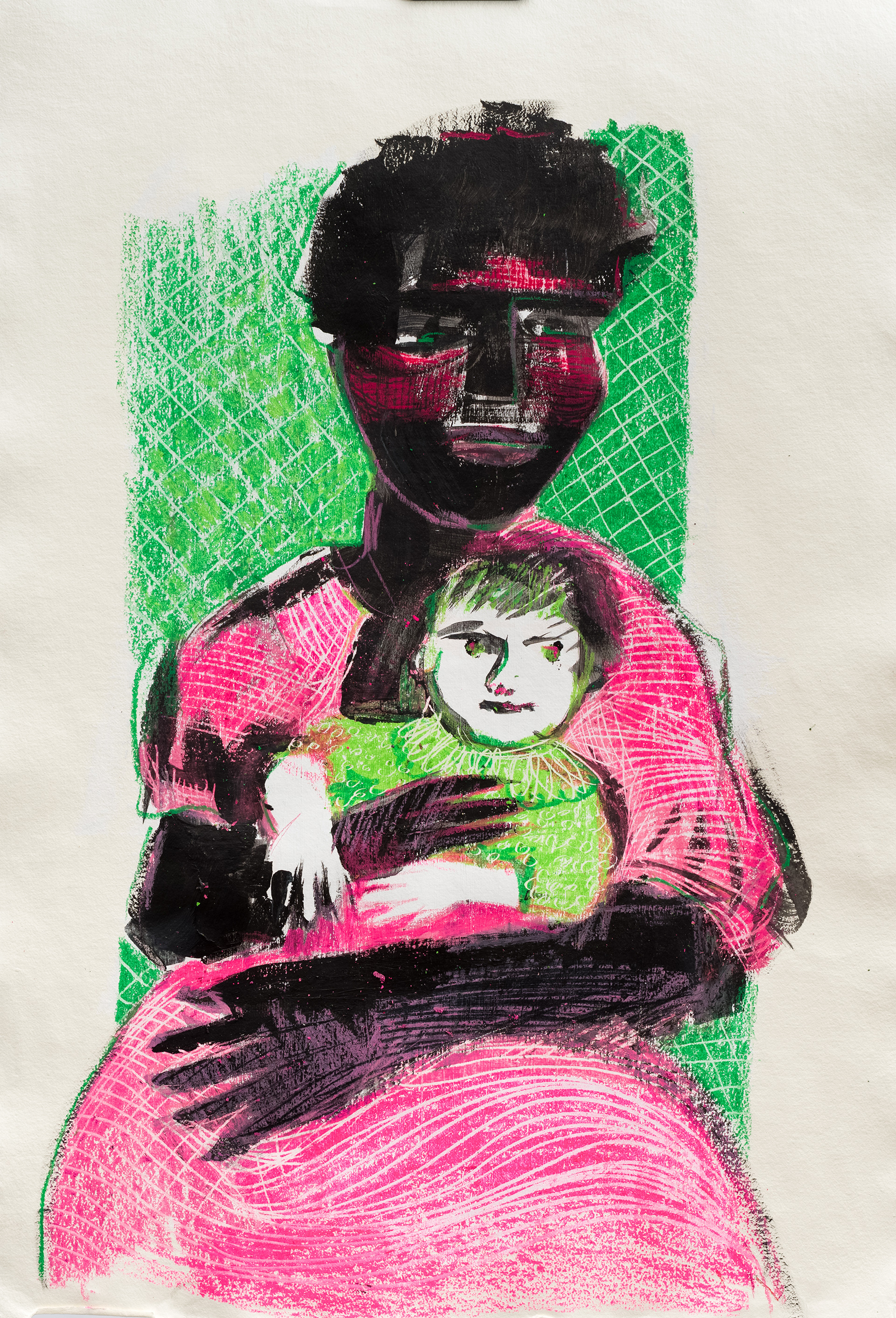 Mother and baby, mixed media on paper, 100x80 cm.