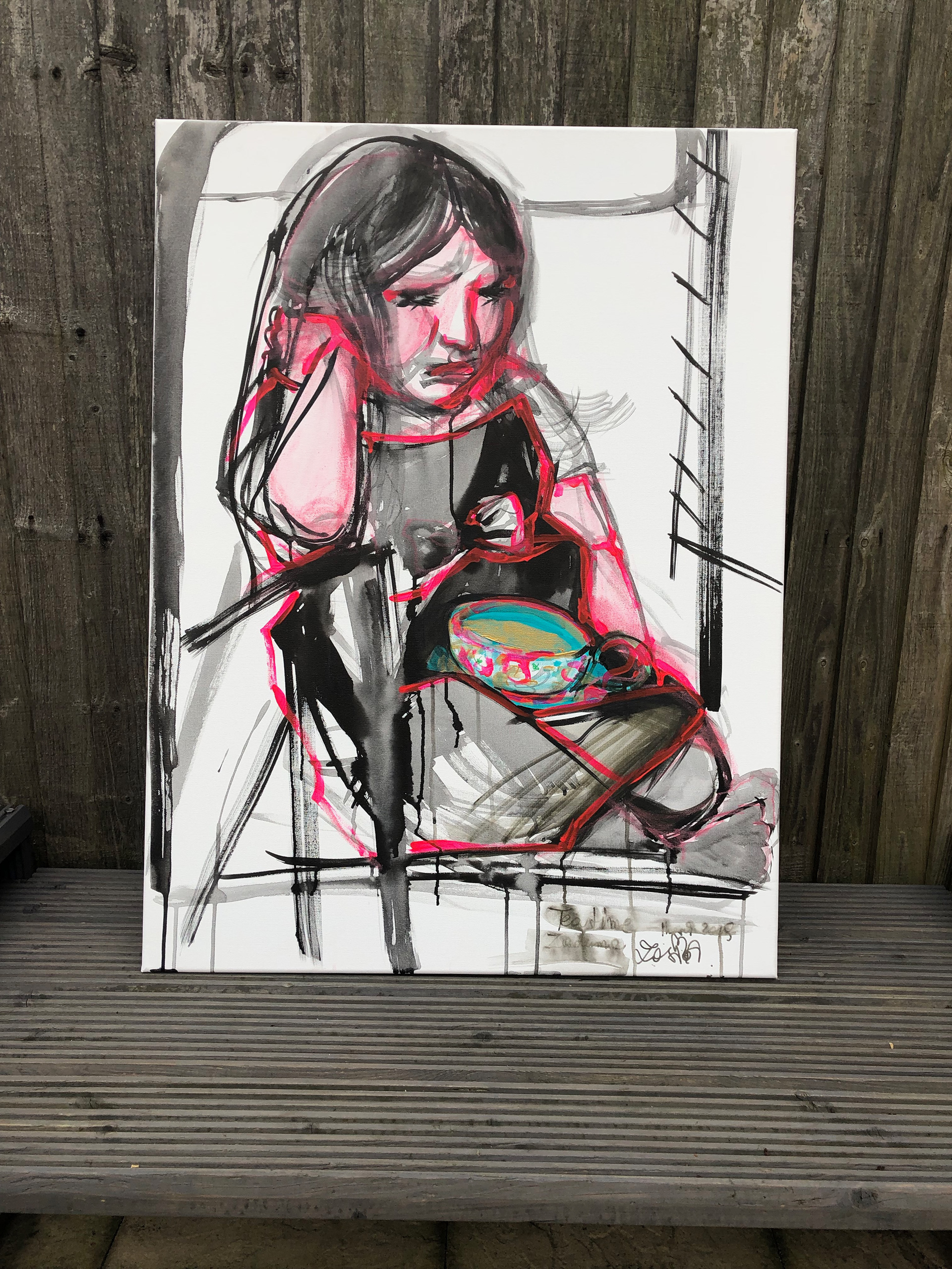 Teatime, ink and acrylics on canvas, 2019. 