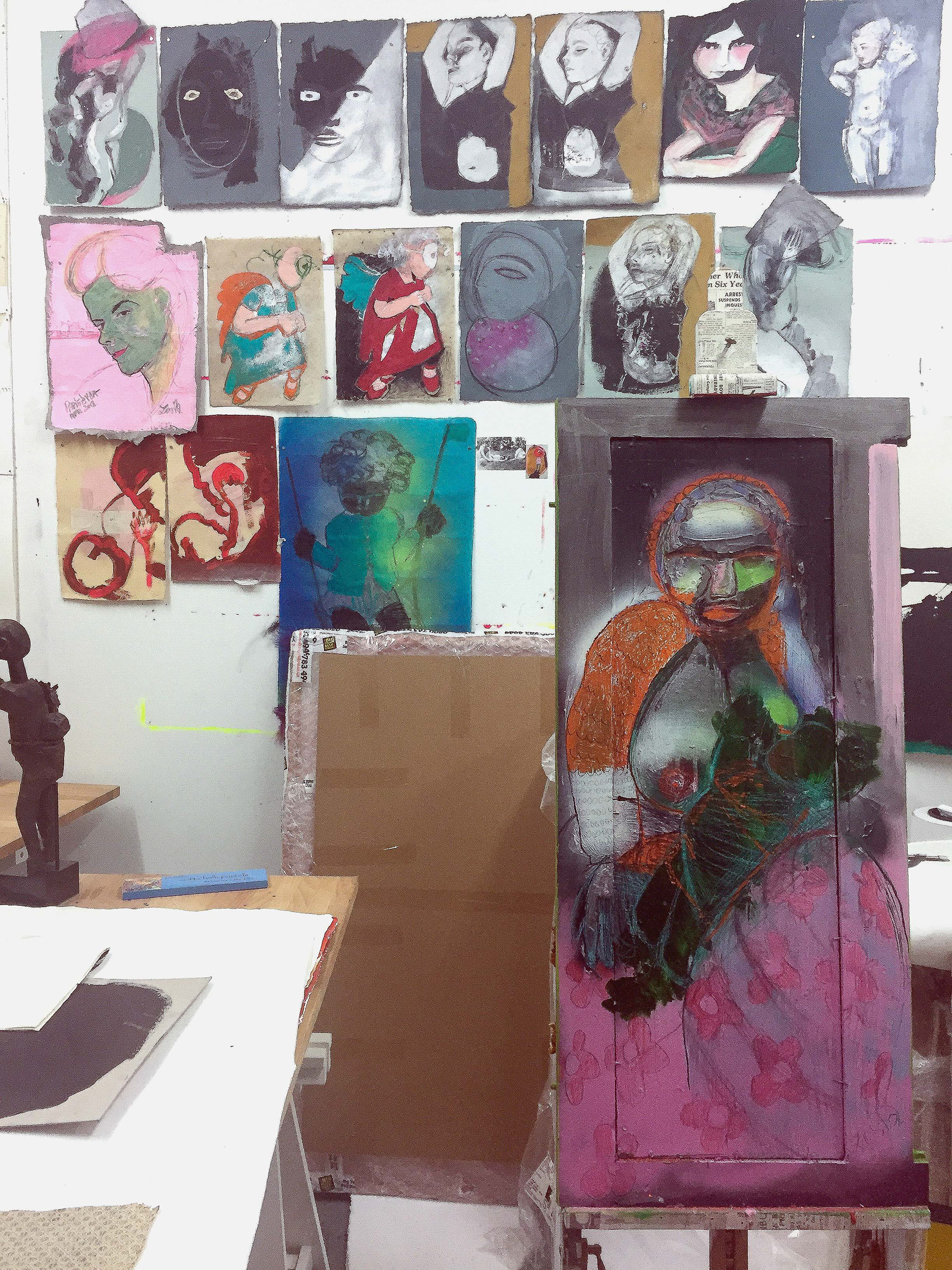 Mixed media on cycled wood. In the studio. 