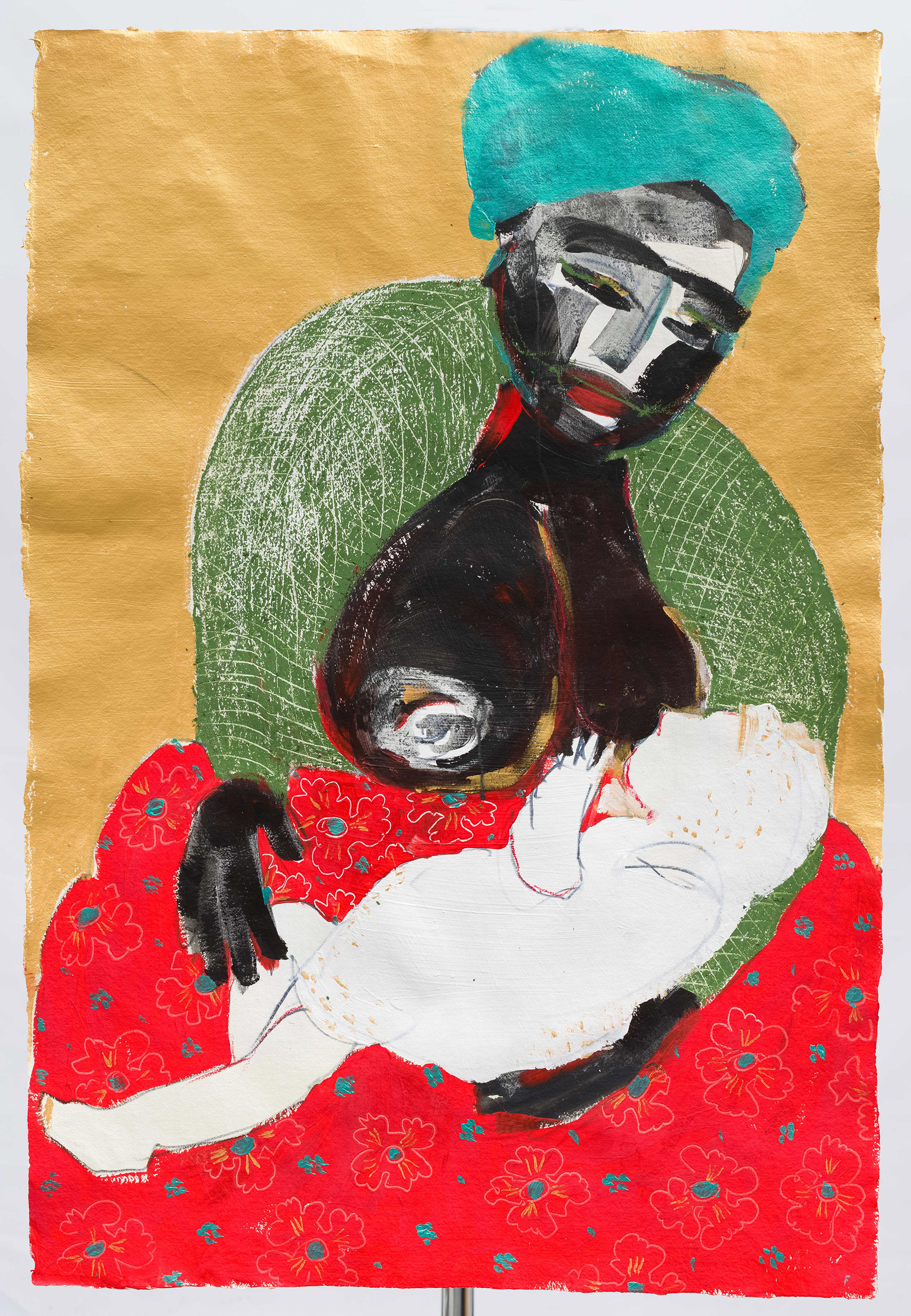 Mother and child / Madonna Lactans, mixed media on Khadi paper,  100x80 cm.