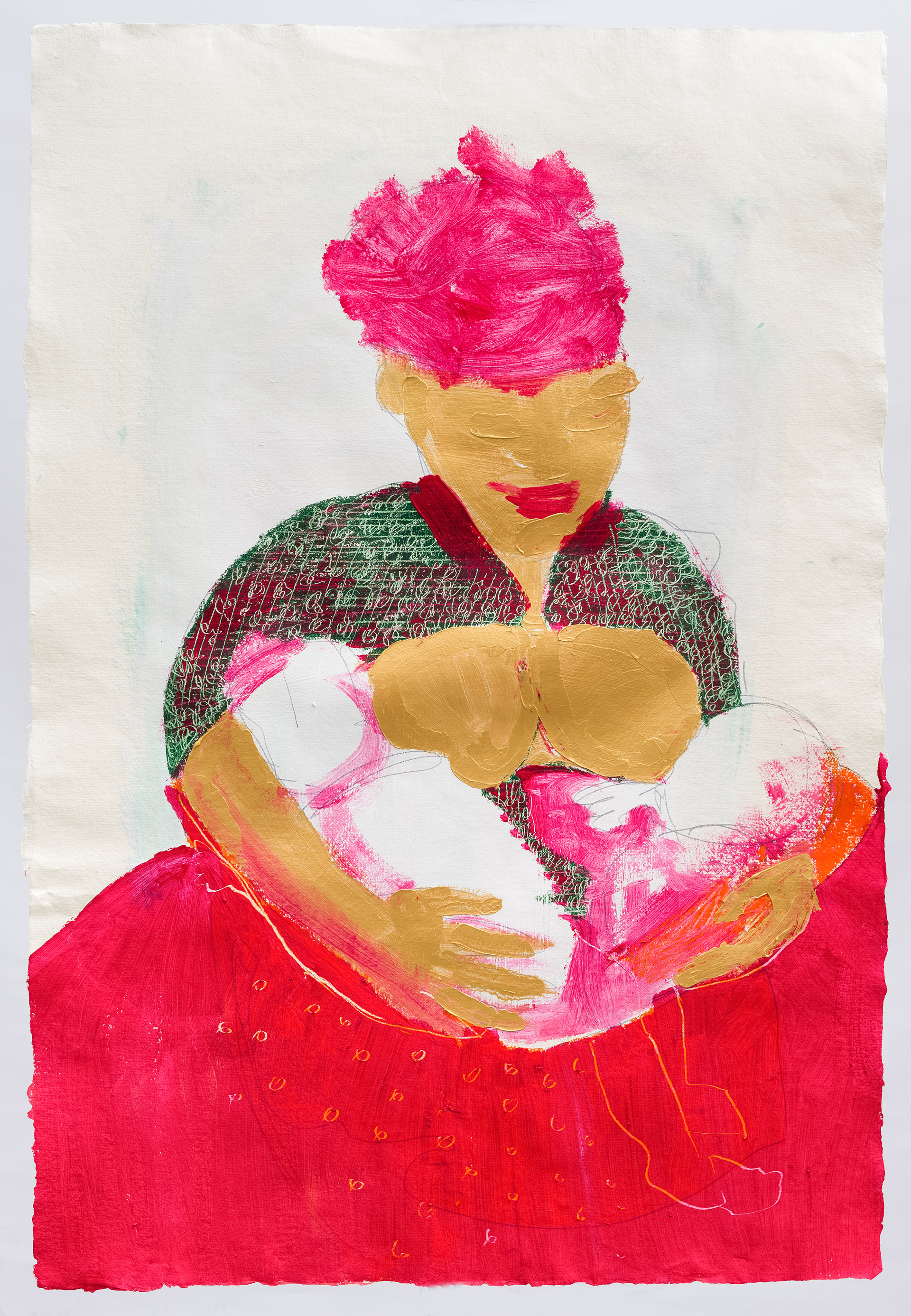 Mother and babies, mixed media on Khadi paper, 100x80 cm.