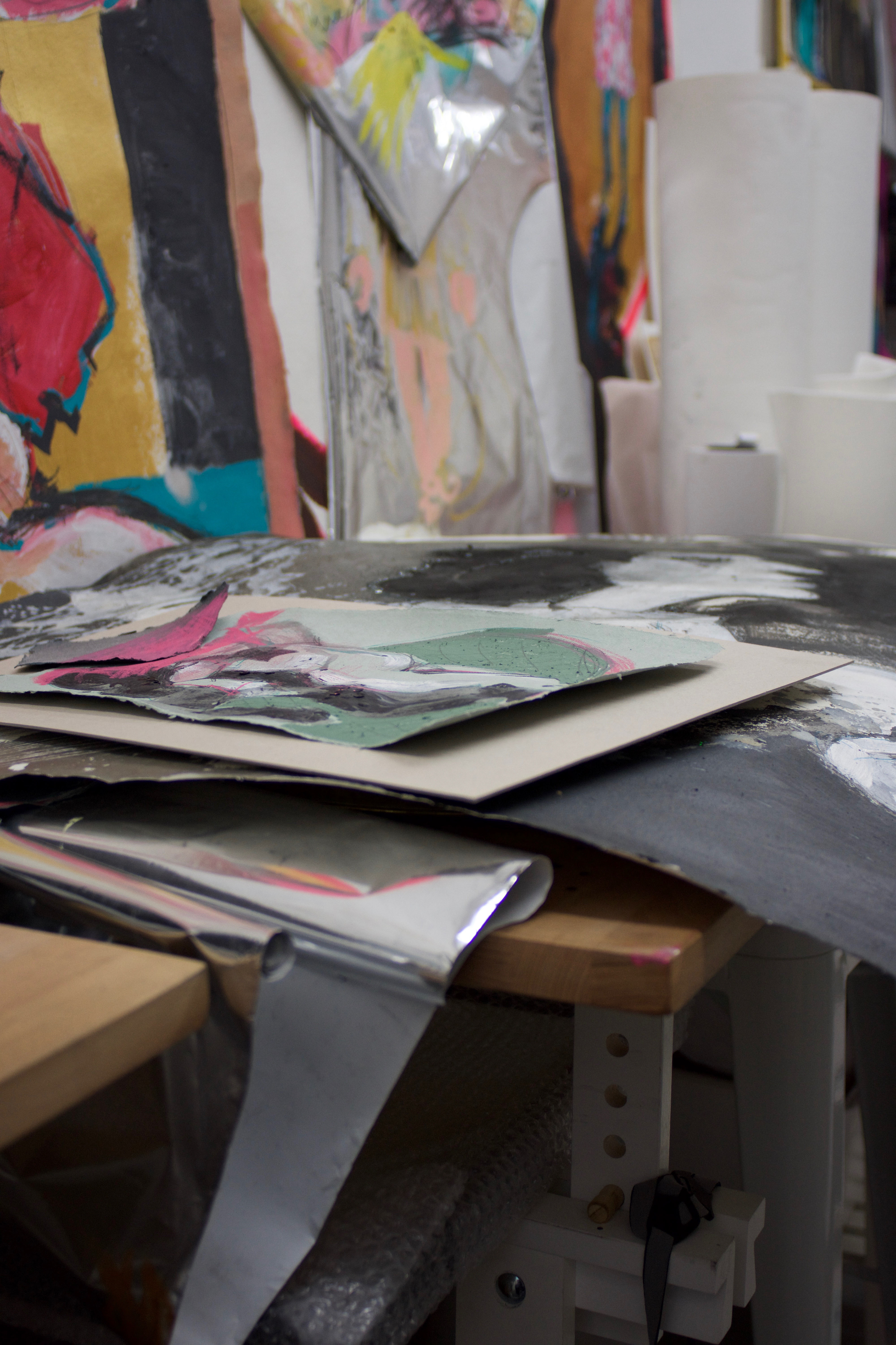 Drawings and painting on paper are covering my tables and shelves in the studio. Photographed by Franek Noga