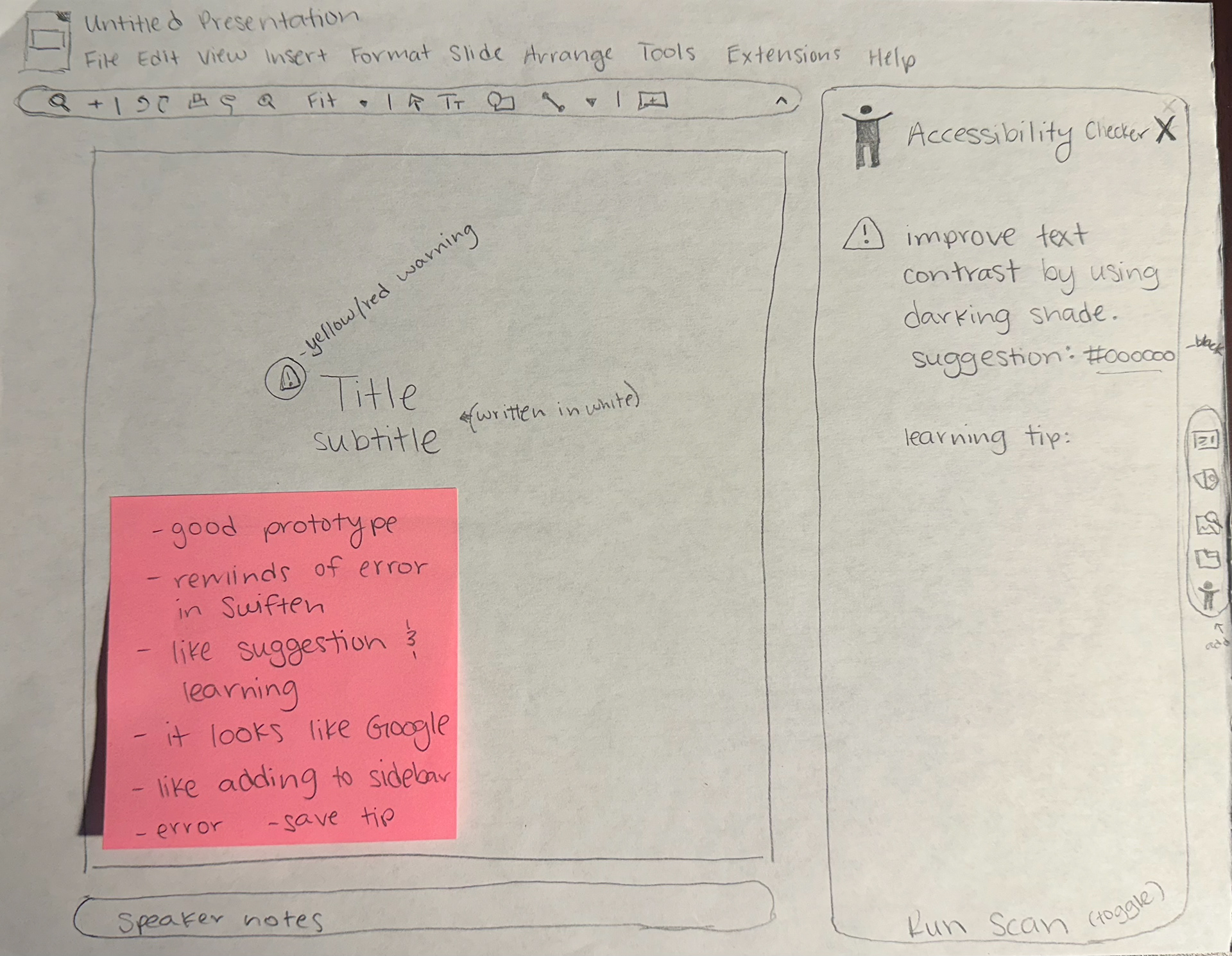 A sketch of Google Slides when you first open it, showcasing what an accessibility checker could look like to the right of the slide.