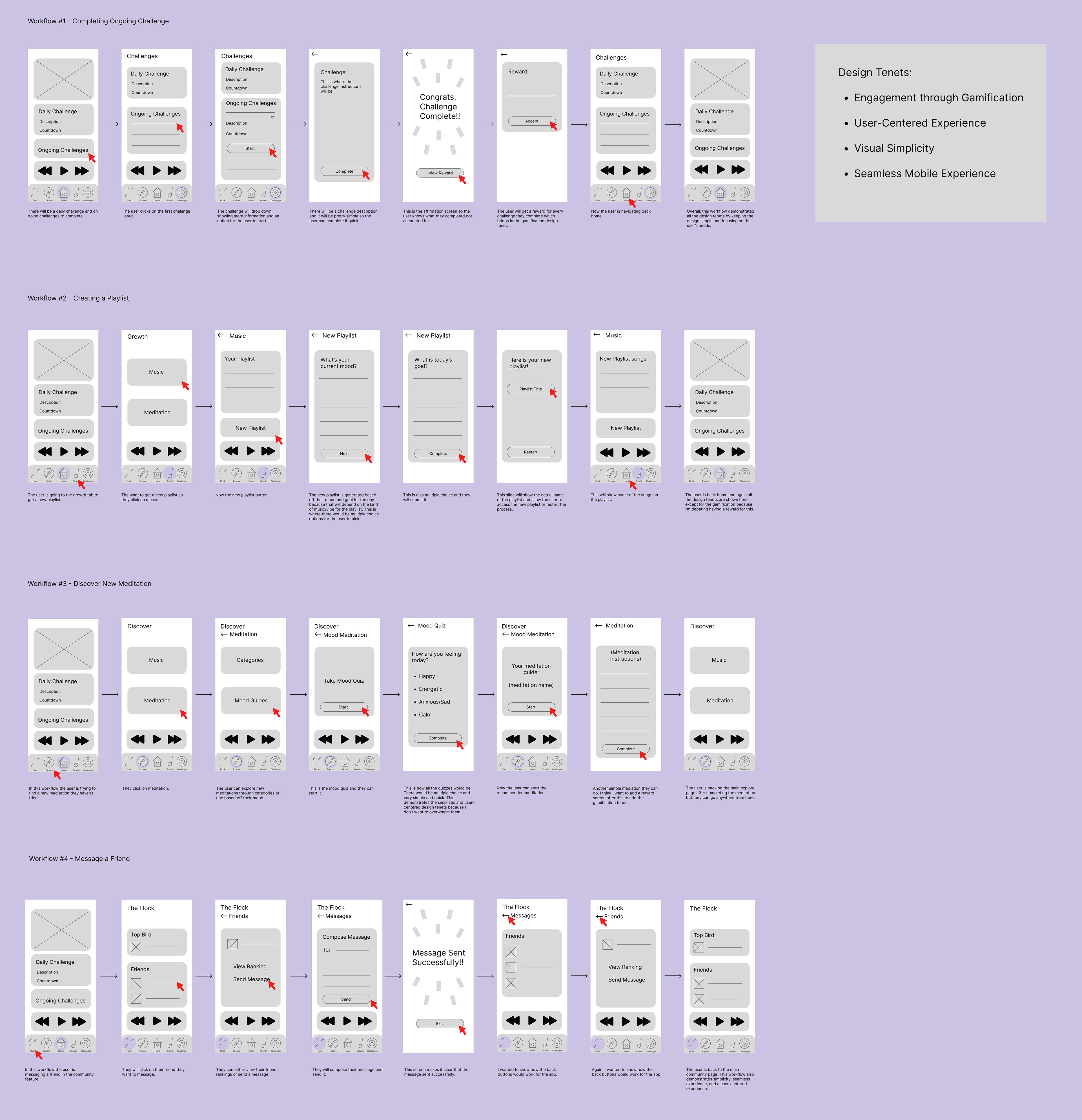 4 Low fidelity workflows of the app Chill Chirp