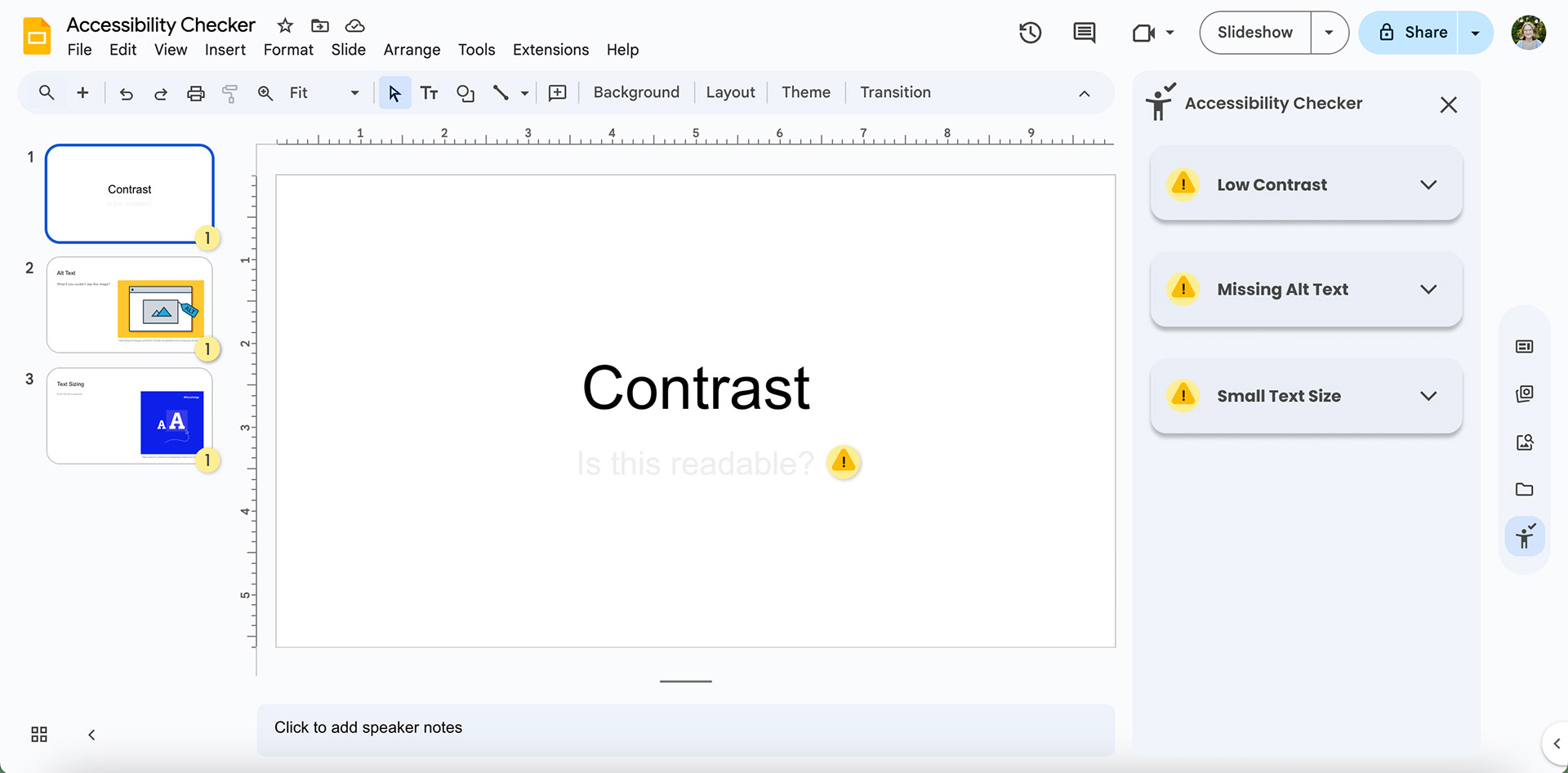A image from Figma of the Google Slides prototype. IT was 3 errors it will solve for: Low contrast, Missing Alt Text, and Small text size