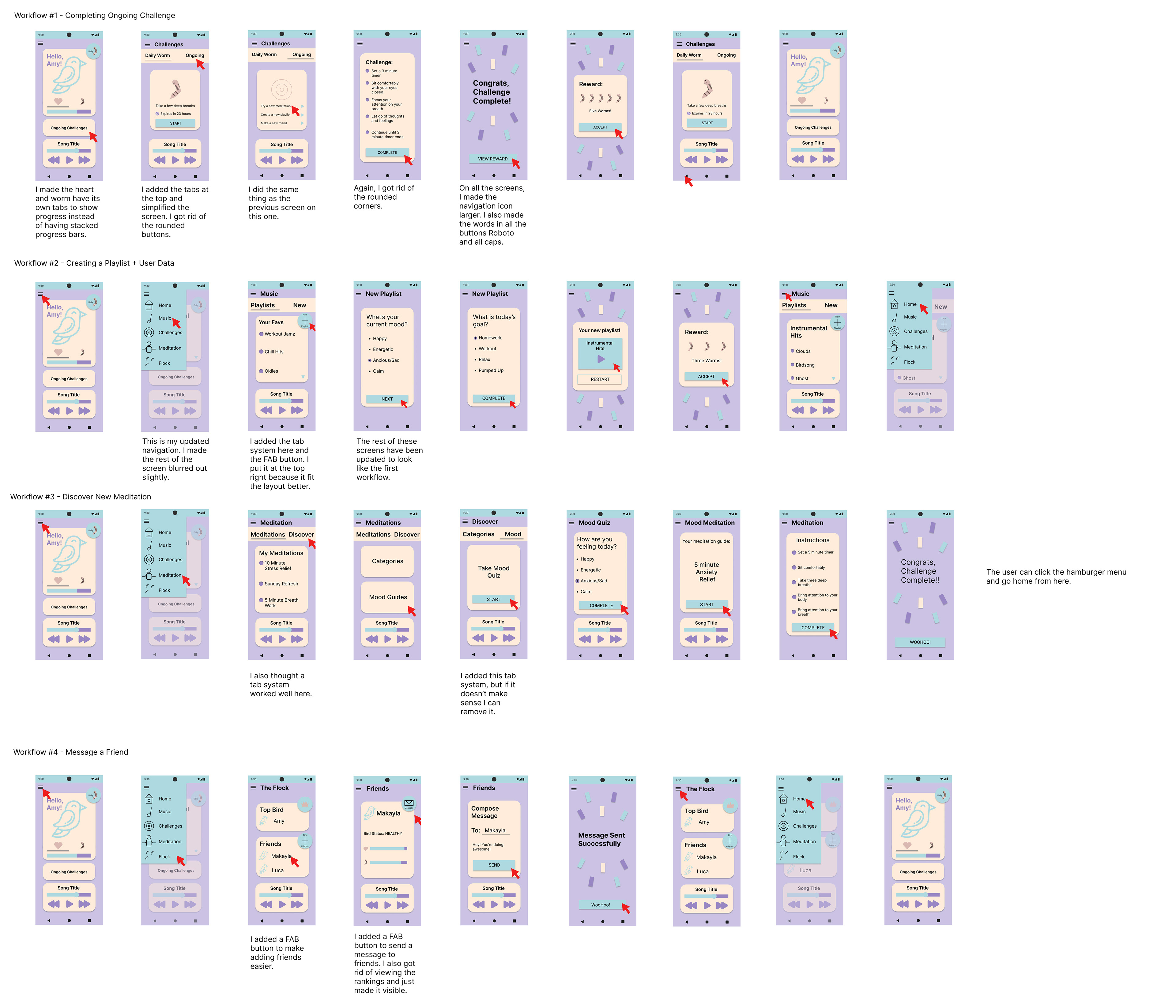 4 High fidelity workflows of the app Chill Chirp