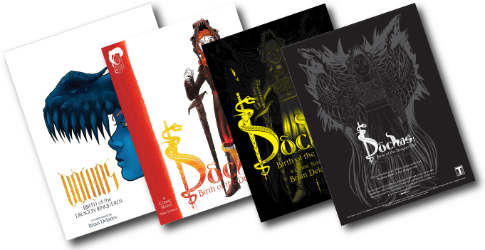 The evolution of the book from the first ashcan of only comic panels (right), to the final designed book (left).