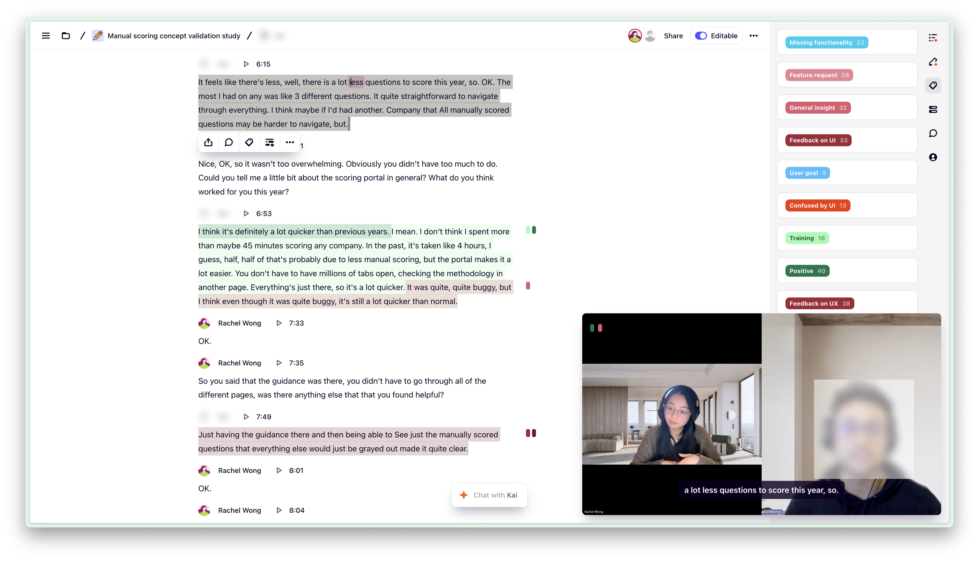 Recorded user interview with coded (tagged) transcription