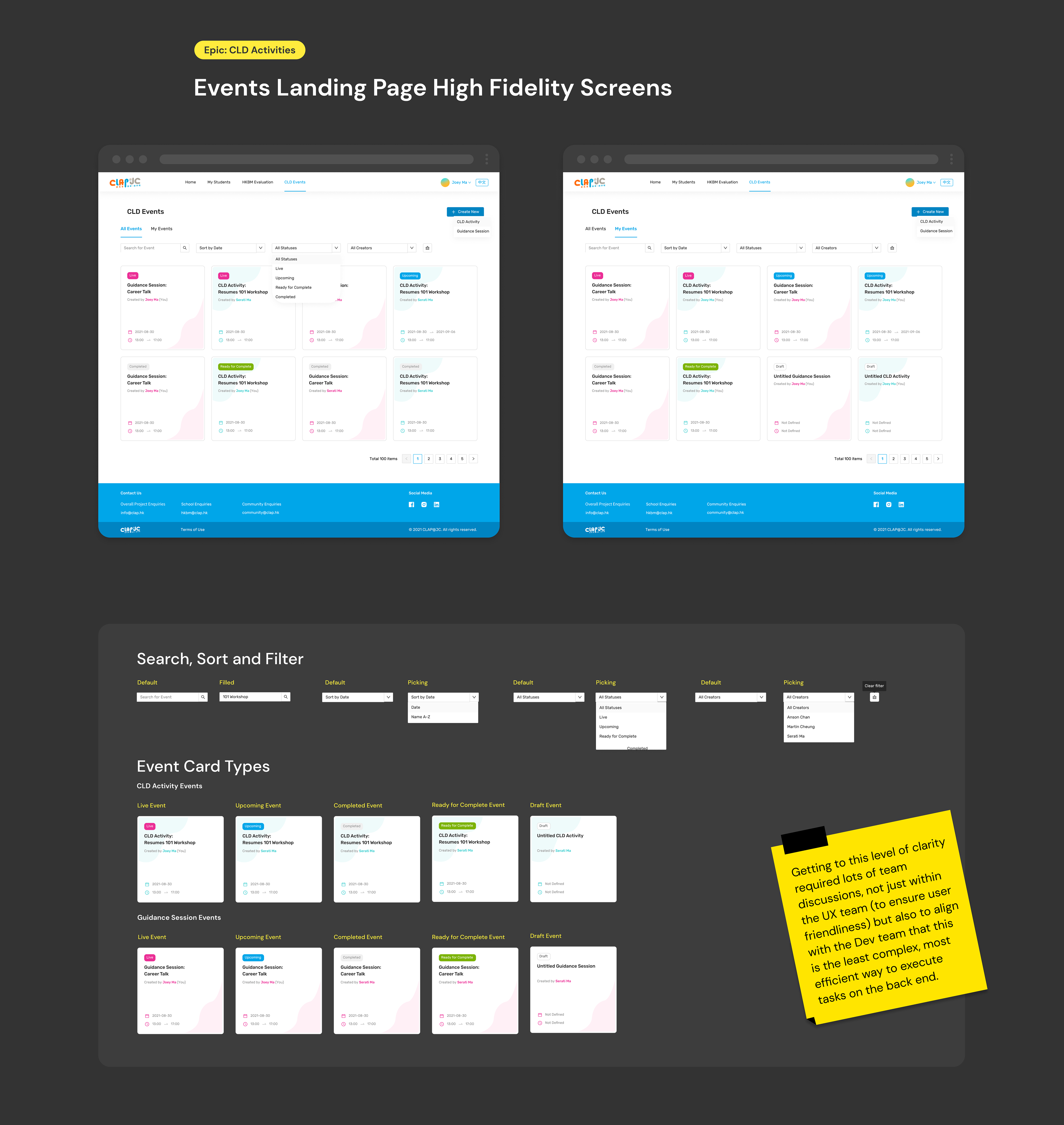 events landing page high fidelity screens
