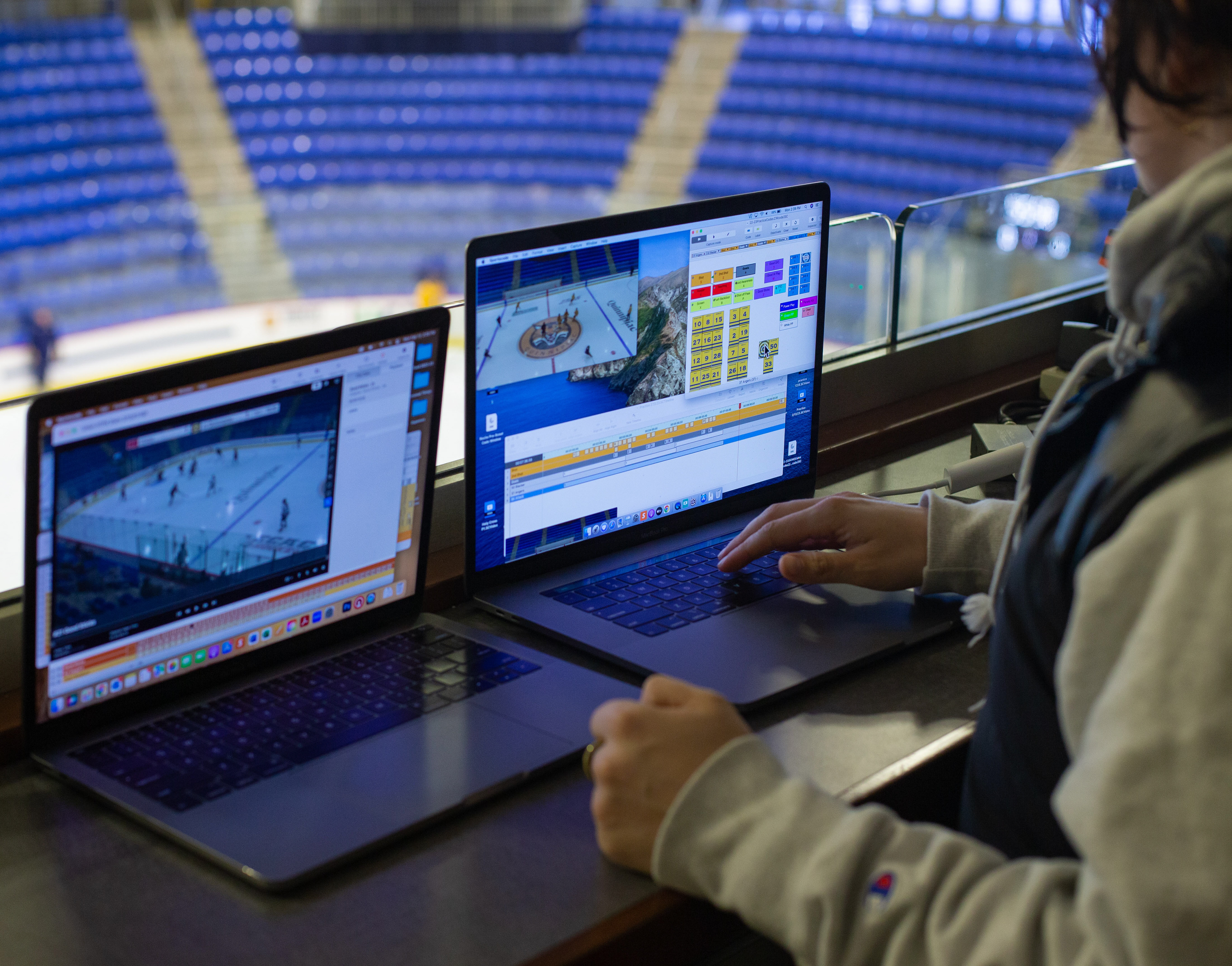 Working Women - At Quinnipiac, Melissa Samoskevich (11) is responsible for coding and recording the video of games and practices for the women’s hockey team. While she is grateful for the opportunity to be playing professional hockey after graduating from Quinnipiac herself, Samoskevich shared that she is a little frustrated that her college experience felt more professional than her time in the PHF. The facilities at Quinnipiac are exceptional and even her job provides a level of professionalism that she does not experience at her own hockey practices. However, she recognizes that she is helping to develop a league from the ground up and she can see the growth that is already appearing in the PHF. 