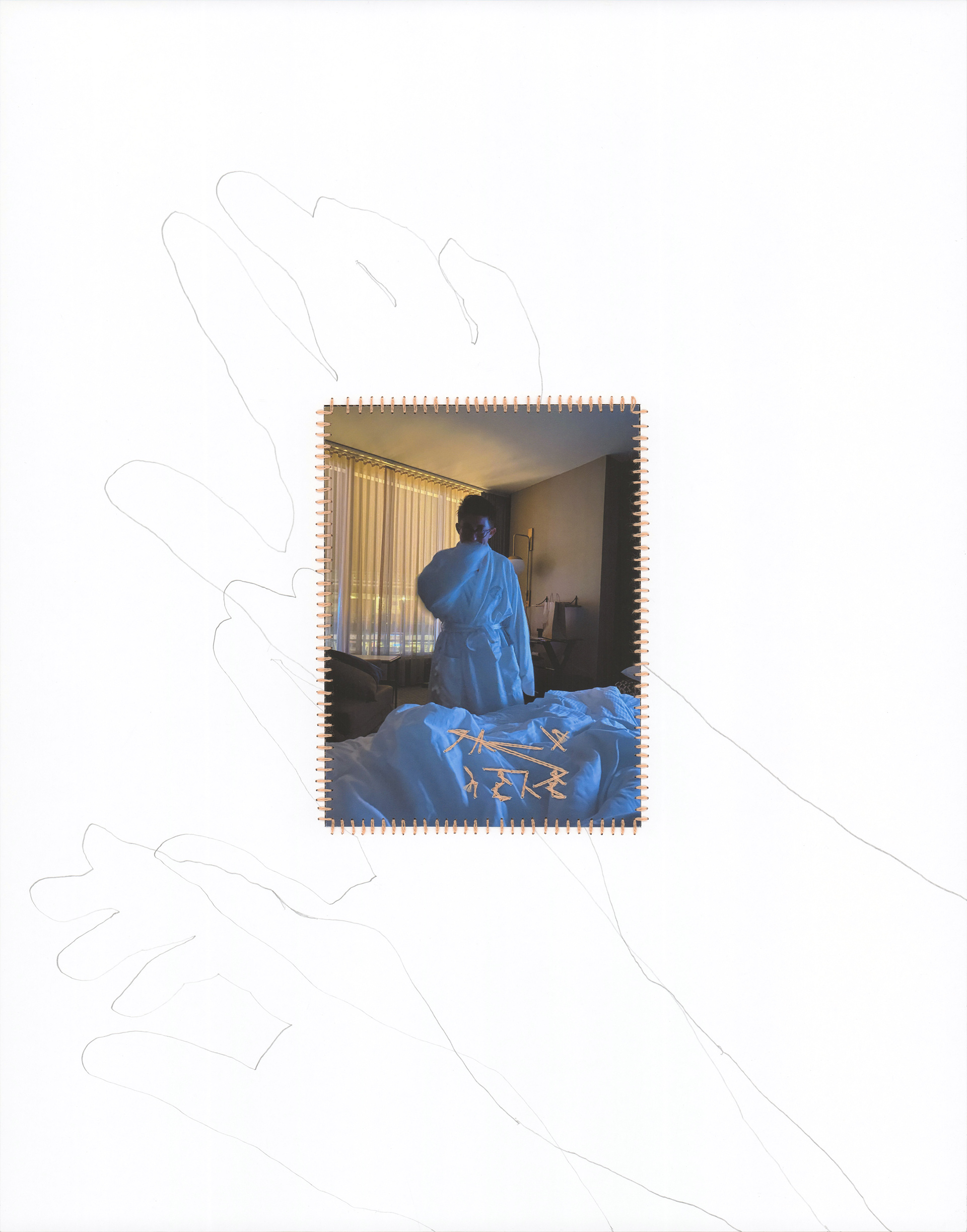 i am baby , 14” x 11”, Premium Matte Paper, Inkjet Print, Embroidery Floss, Graphite, Exhaustion, 2022-2024