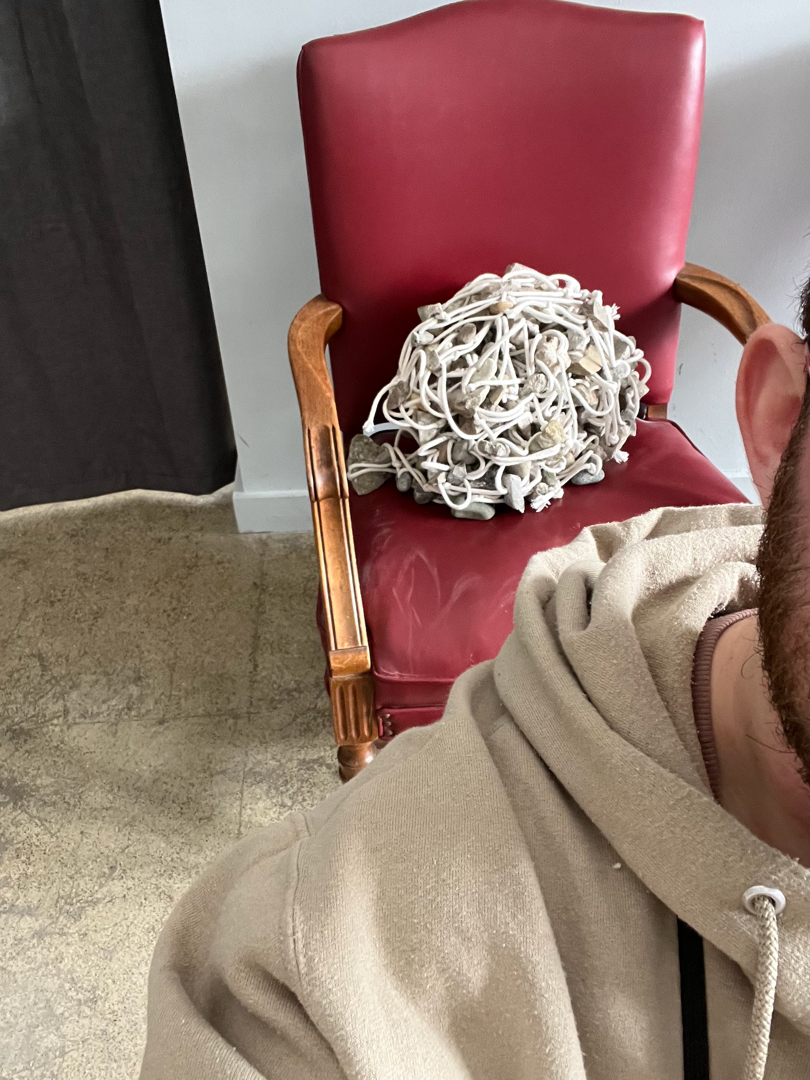 rocks on chair in kitchen