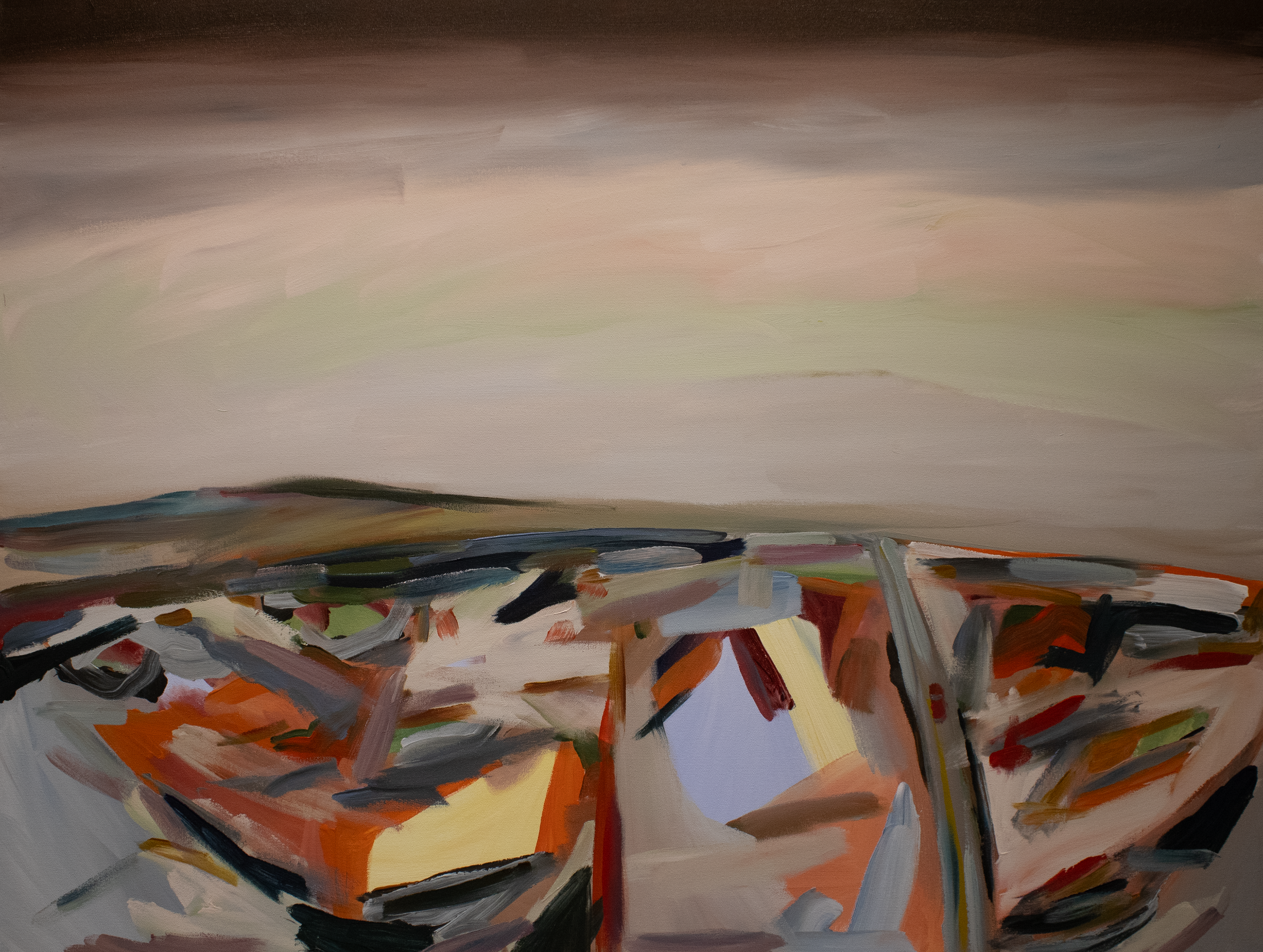 Long drive, thinking about various small fires and that i'd like to go on a date soon!, Acrylic on canvas, 36" x 48", 2025