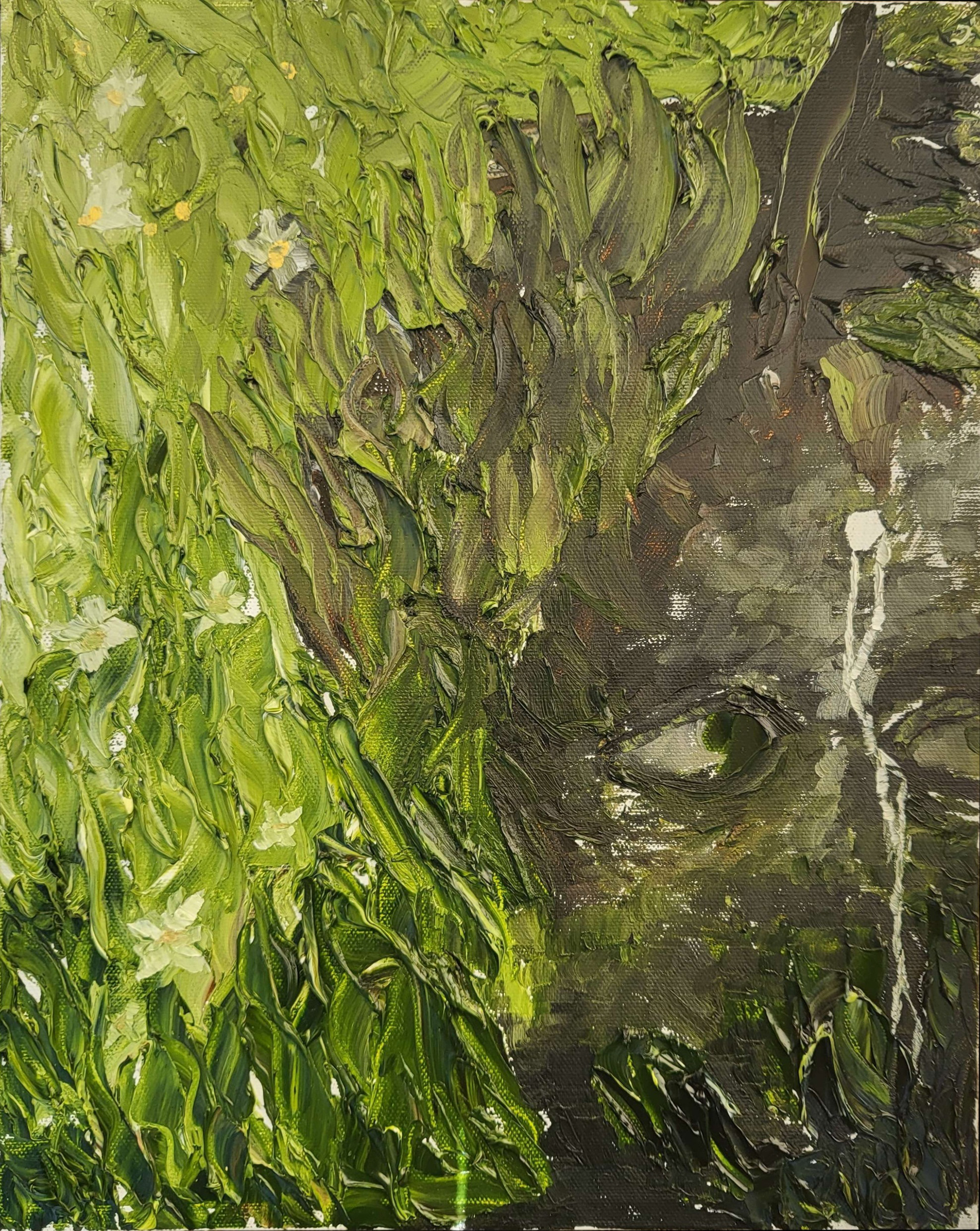 A painting of a woman in the bush, hiding. with a leaking hole in her forehead.
