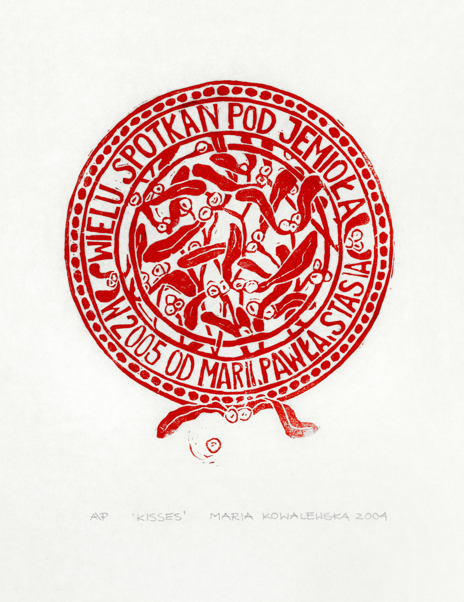 POCAŁUNKI 32x25 linoryt na papierze chińskim 2004 .