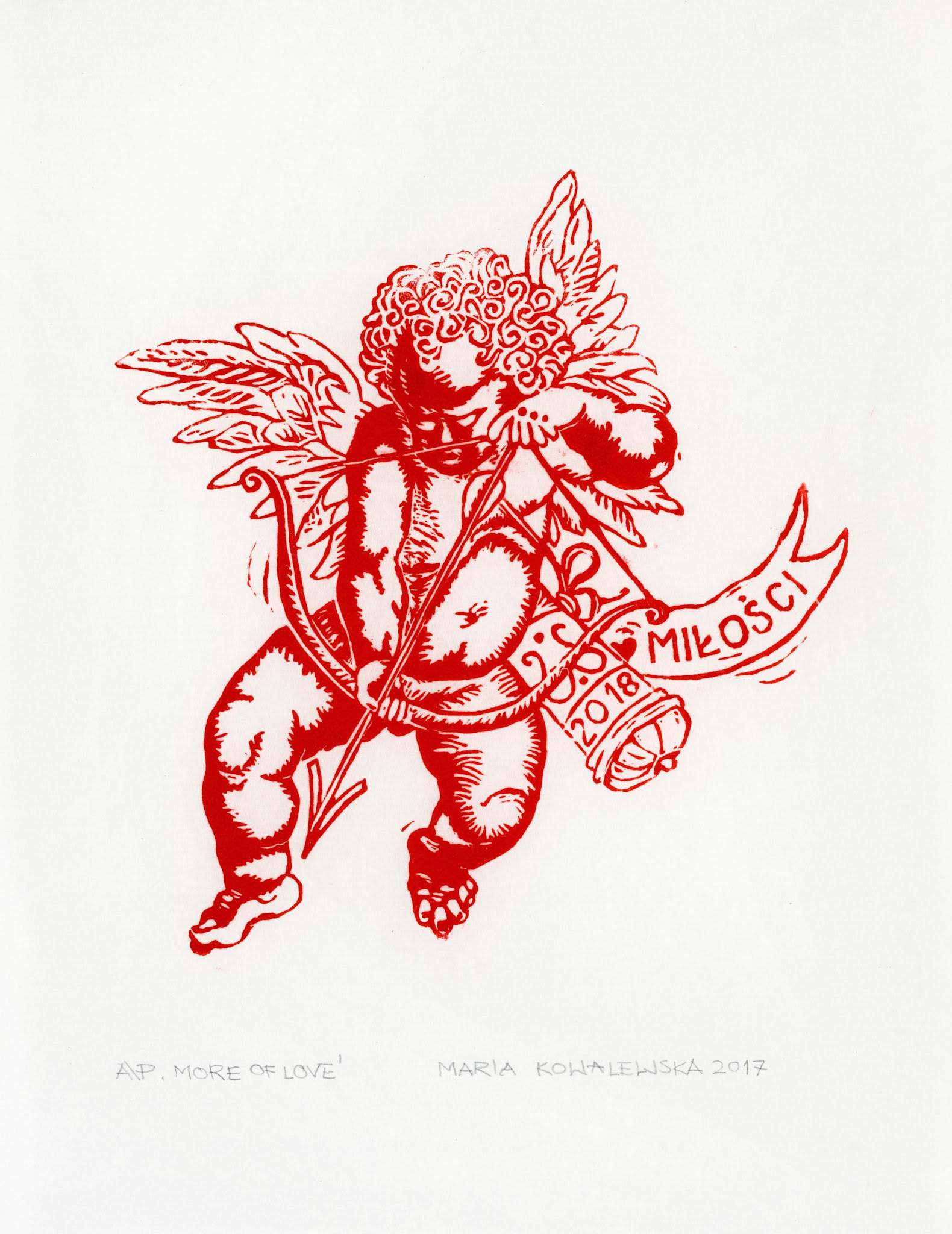 WIĘCEJ MIŁOŚCI 32x25 linoryt na papierze chińskim 2017