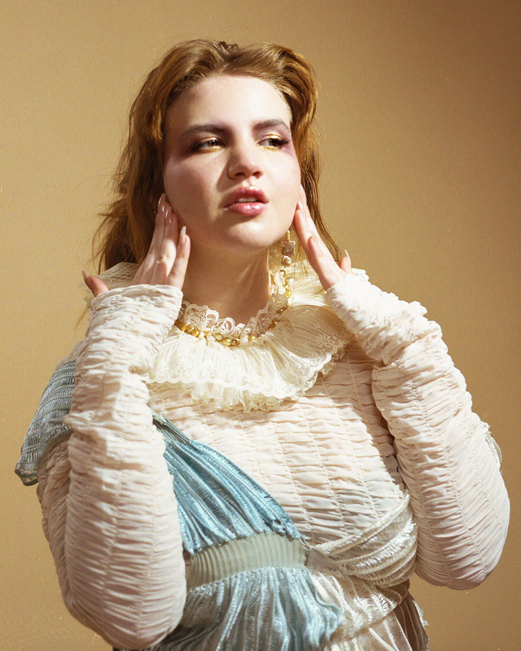 Lace & pearl ruff designed by Veronica Wolfgang from dead stock vintage materials. Dress designed by Sunny Ning.