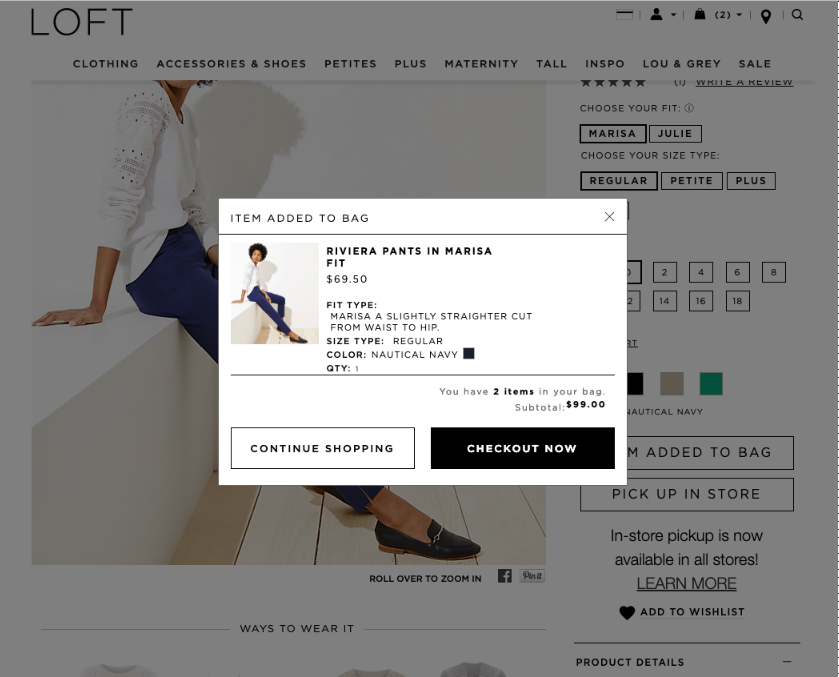 Competitive analysis: Loft add to cart modal