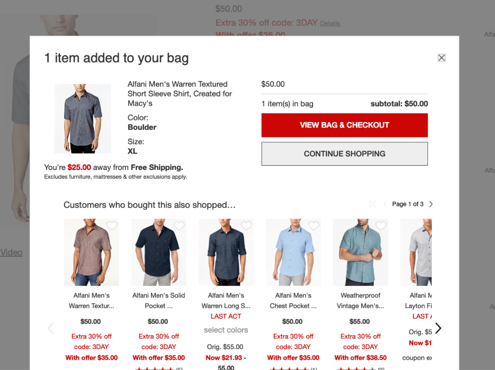 Competitive analysis: Macy's add to cart modal