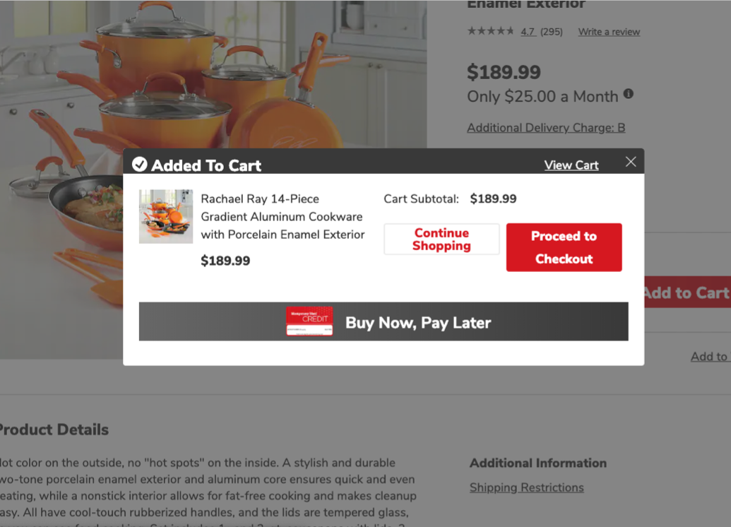 Competitive analysis: Montgomery Ward add to cart modal