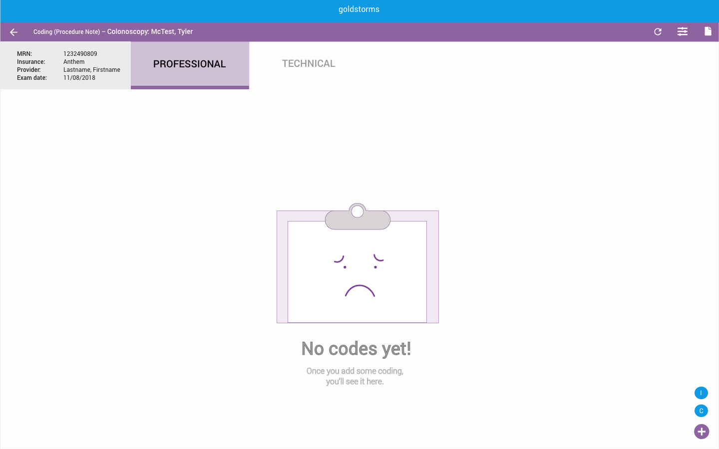 Empty state example ("clinical clipboard")