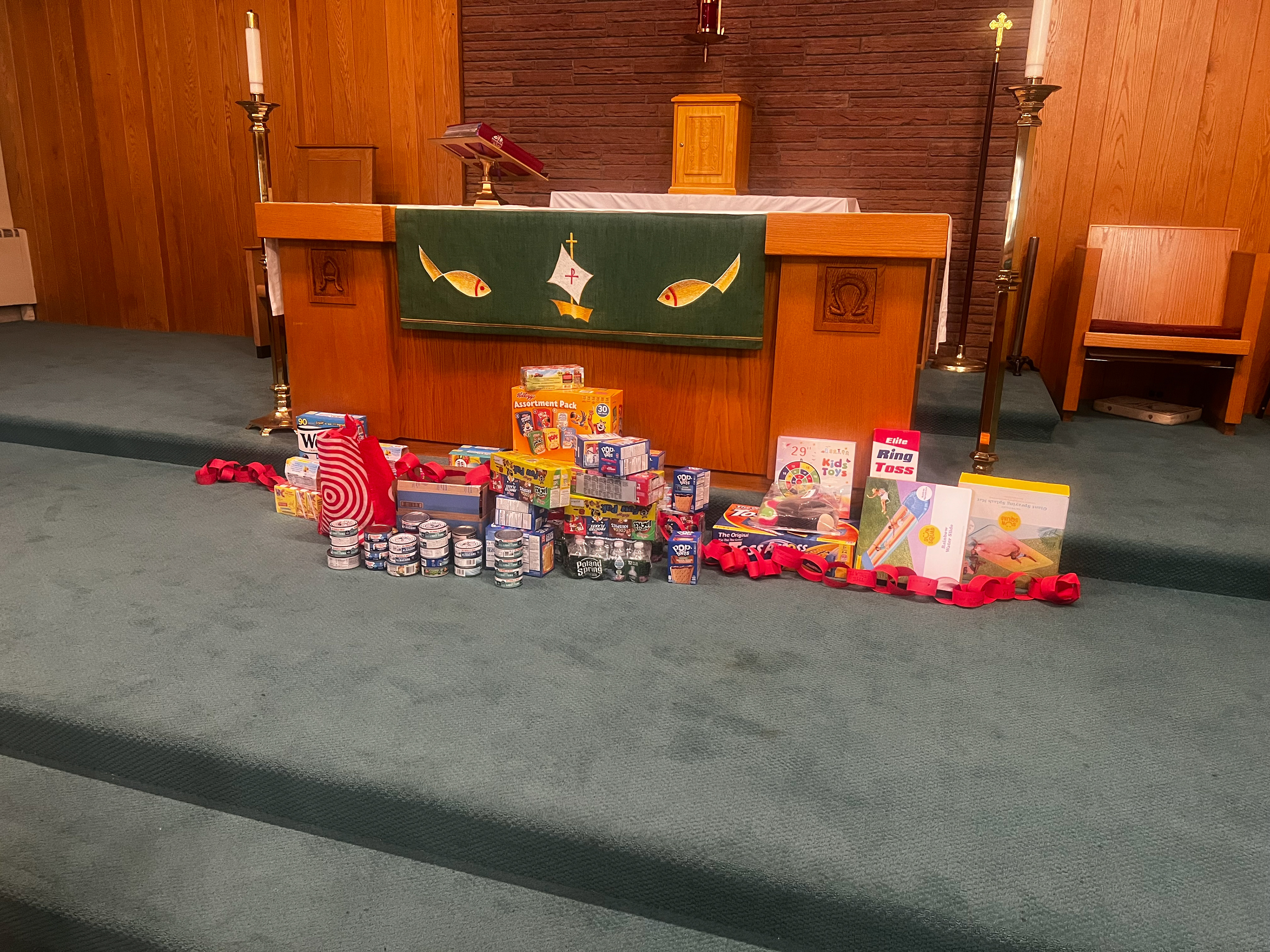 St Paul Church food donations displayed on the altar.