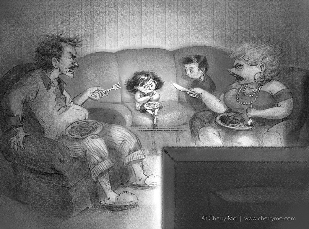 Redesign of MATILDA: Mr. and Mrs. Wormwood reprimand Matilda for disrespecting her father.