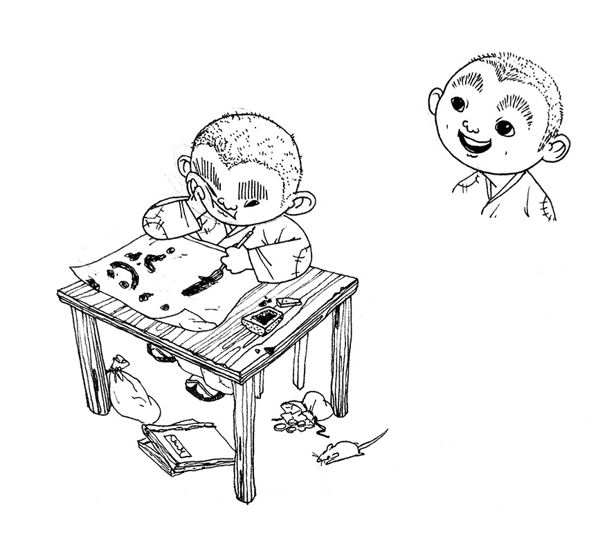 First sketch of the young monk illustration series