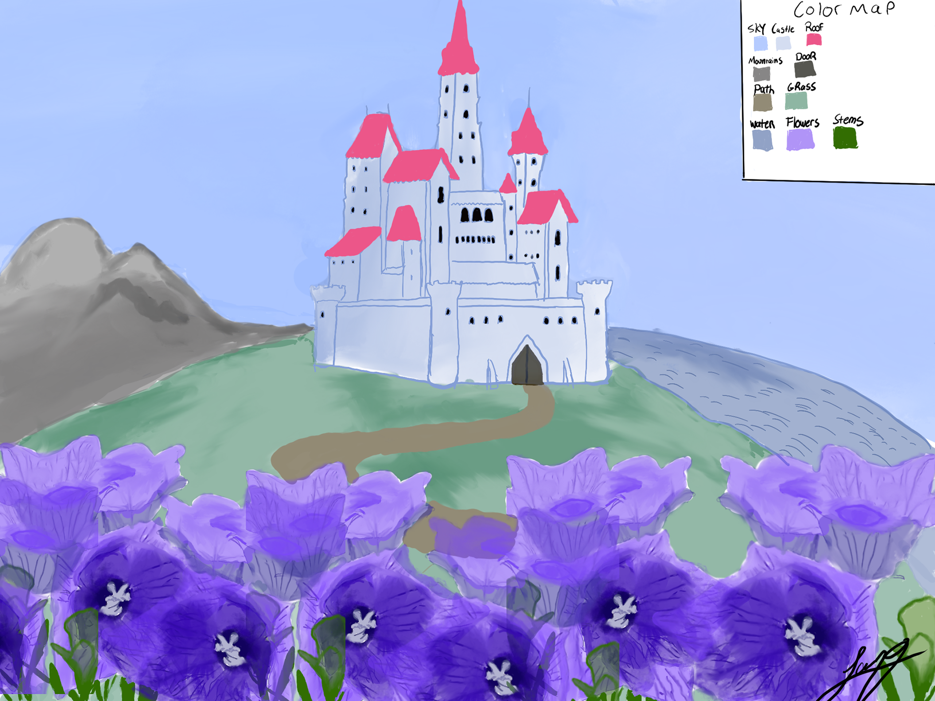 Digital painting of a fantasy hilltop castle near the sea.