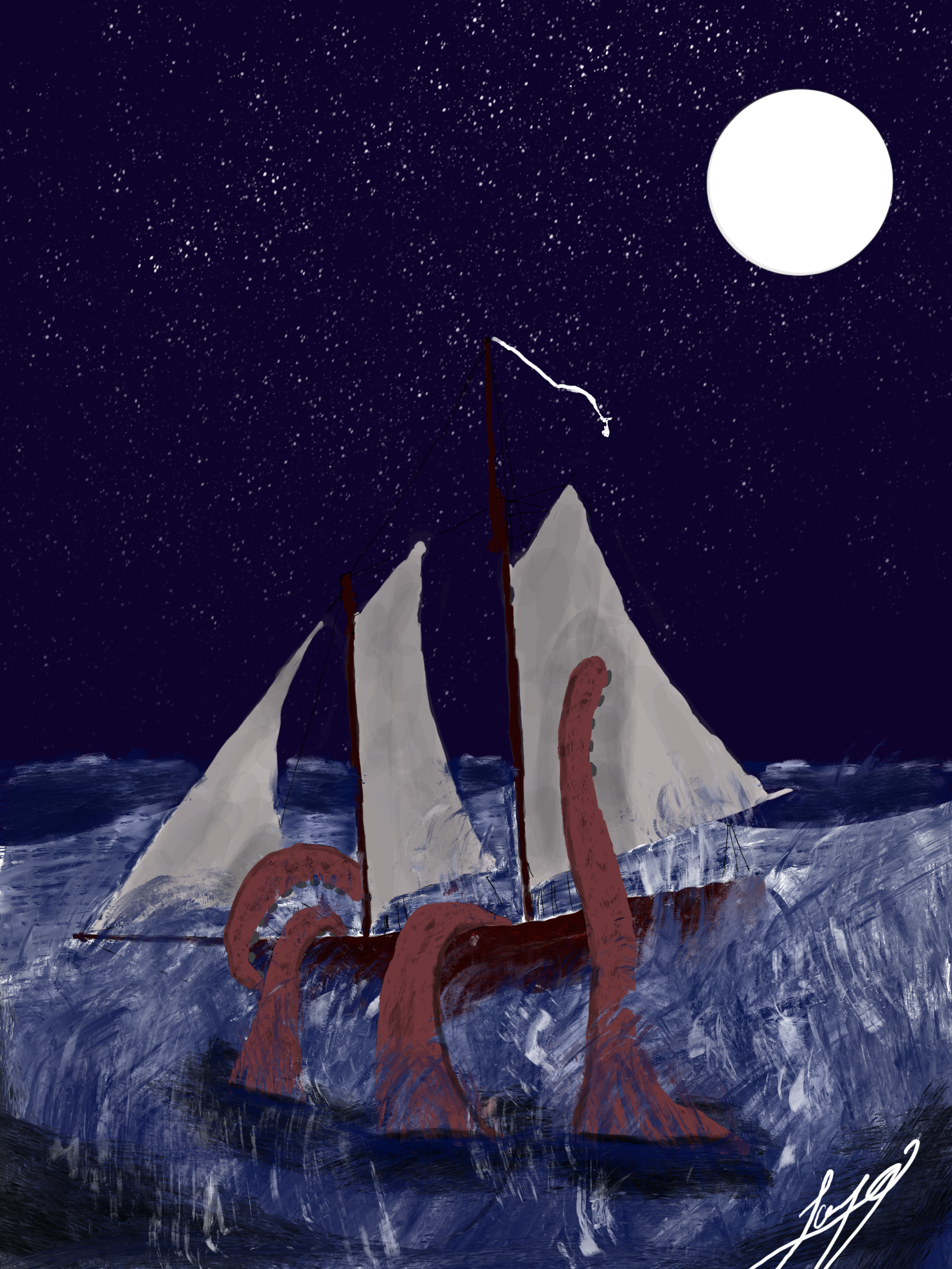 Digital painting of a kraken attacking a boat.