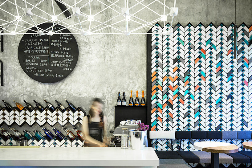 ramoprimo, buona bocca, wine bar, interior design, geometric, chandeliers,