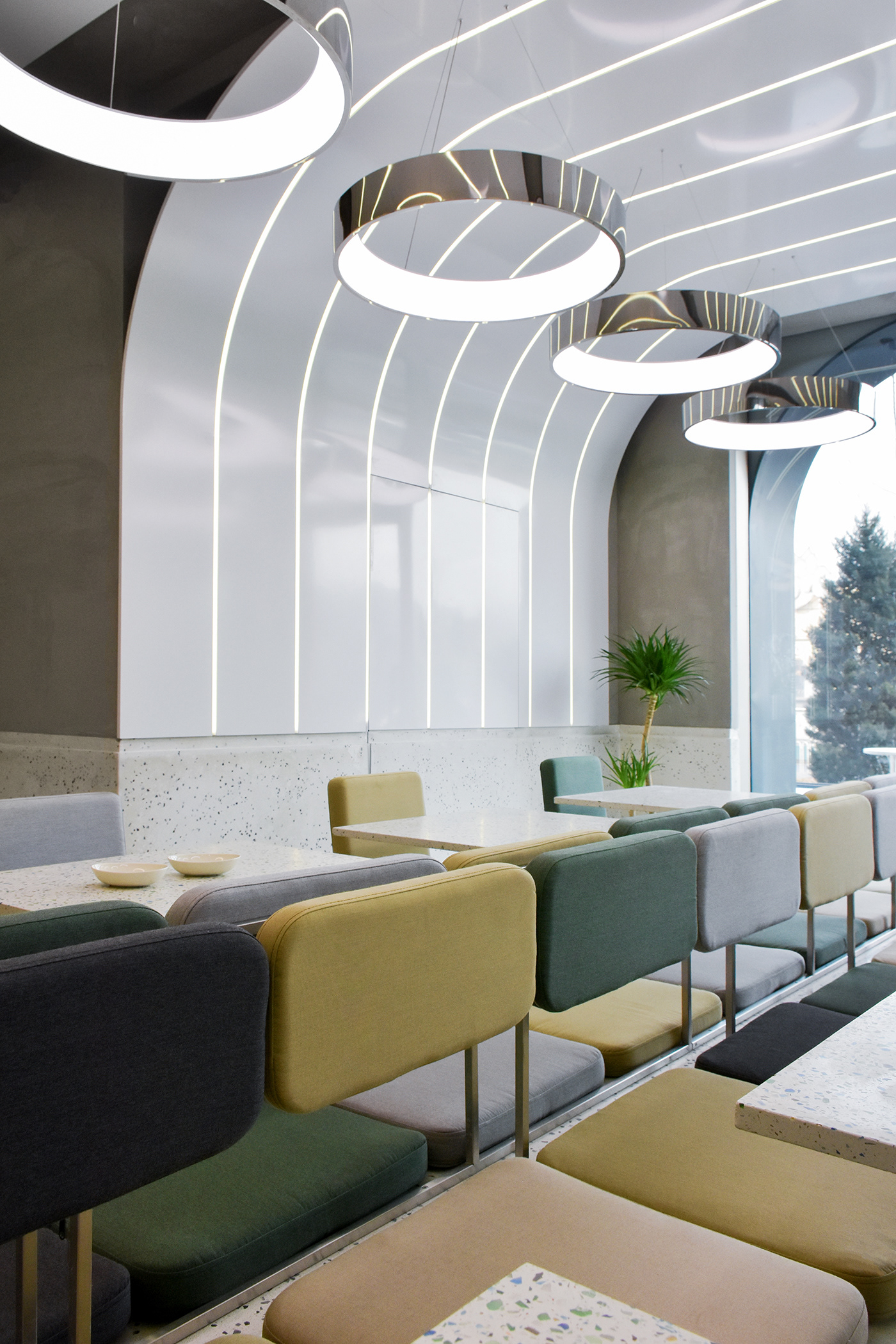 green option, ramoprimo, interior design, benches, detail, terrazzo, metal, circular, light, metal ceiling, bar area, seating,