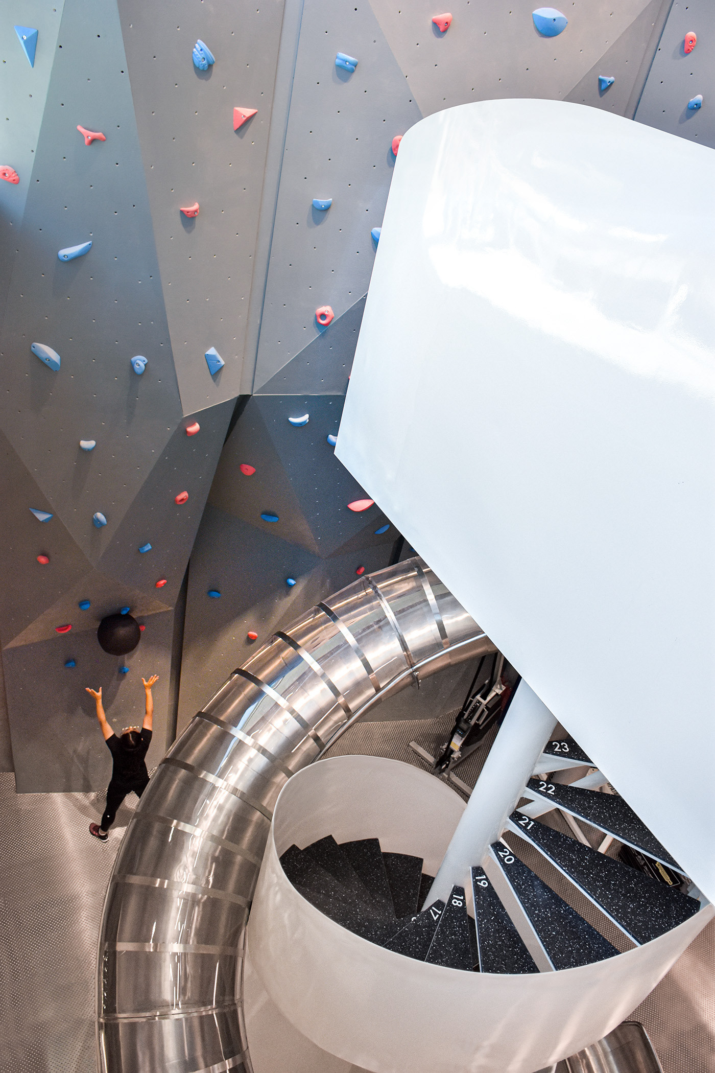 MFIT gym the climbing wall on the double high void is dotted with colored hanging points design by RAMOPRIMO