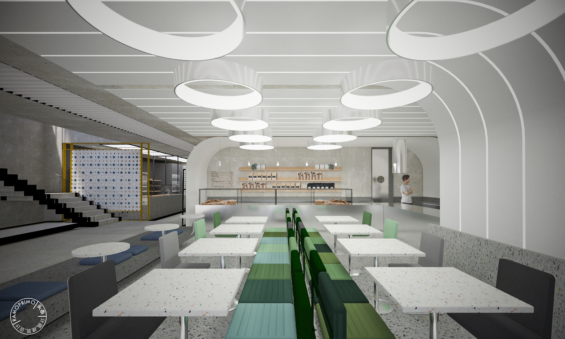 terrazzo, table, benches, metal, ceiling, metal, lighting, bar, restaurant area,