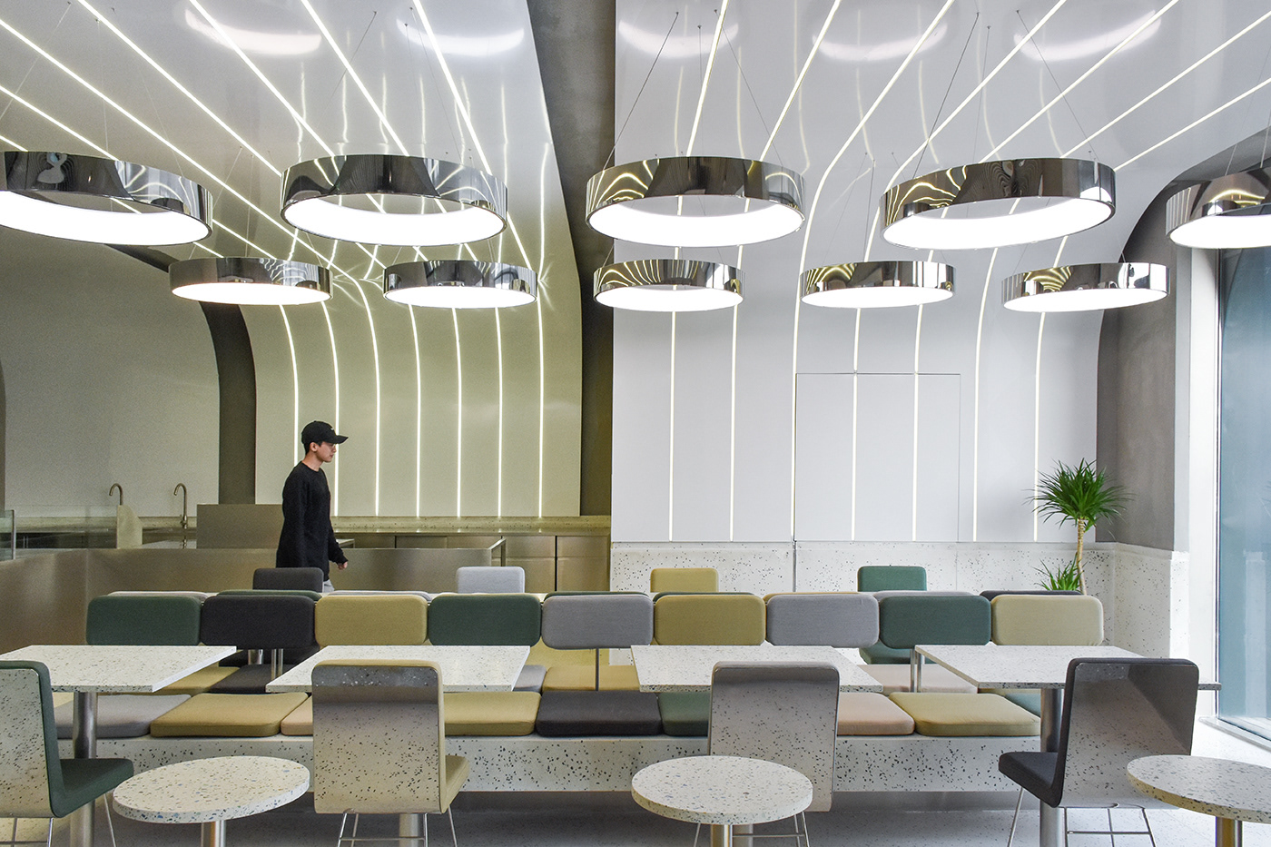 ramoprimo, design, terrazzo, table, ceiling, light, food court, benches,