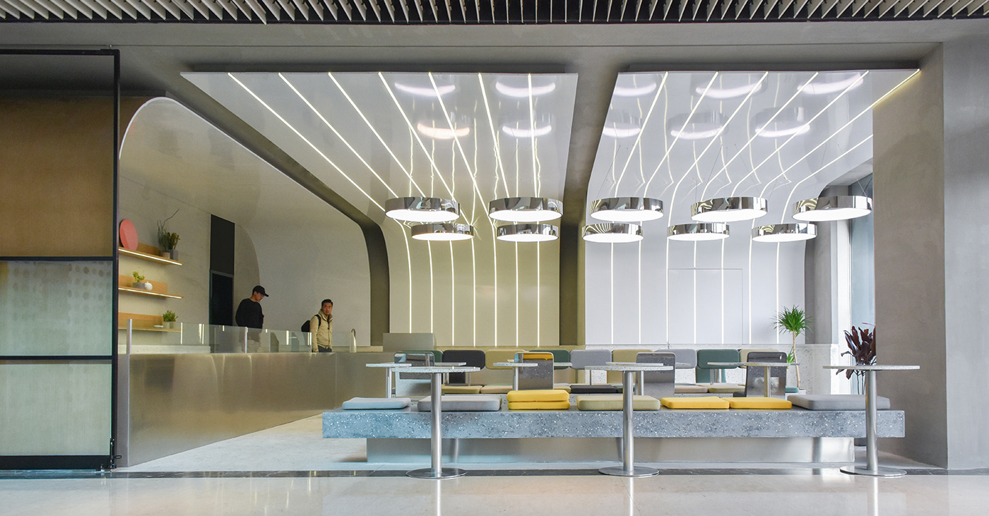 ramoprimo, interior, design, food court, main facade, beijing, metal ceiling, metal lighting,