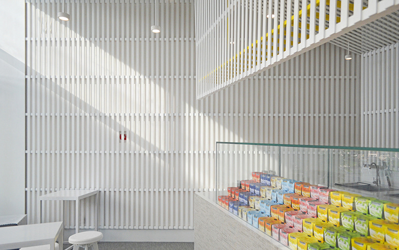 colorful, yogurt cups packing, contrast, white pine wood, ceiling,