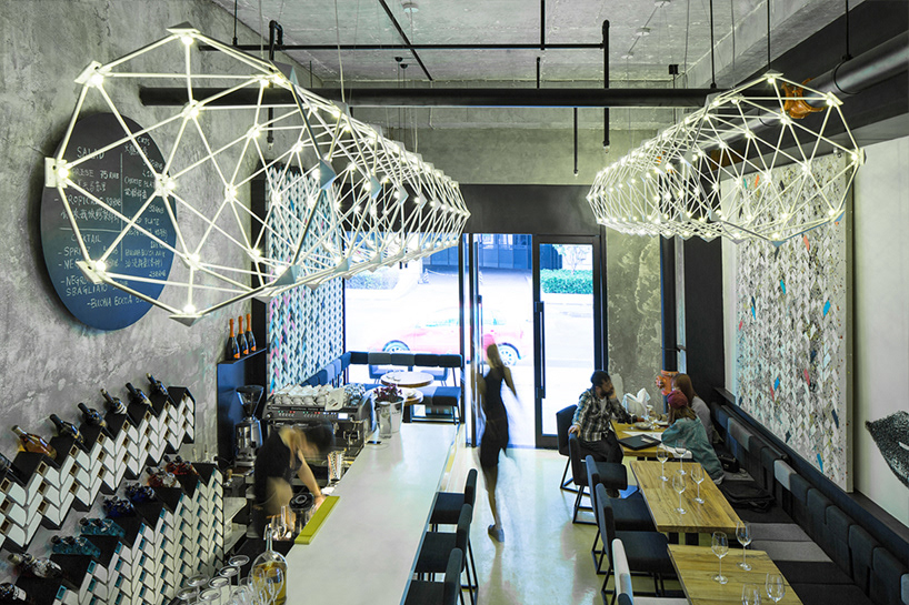 wine bar, interior design, ramoprimo, geometric chandeliers, vibrant, atmosphere,
